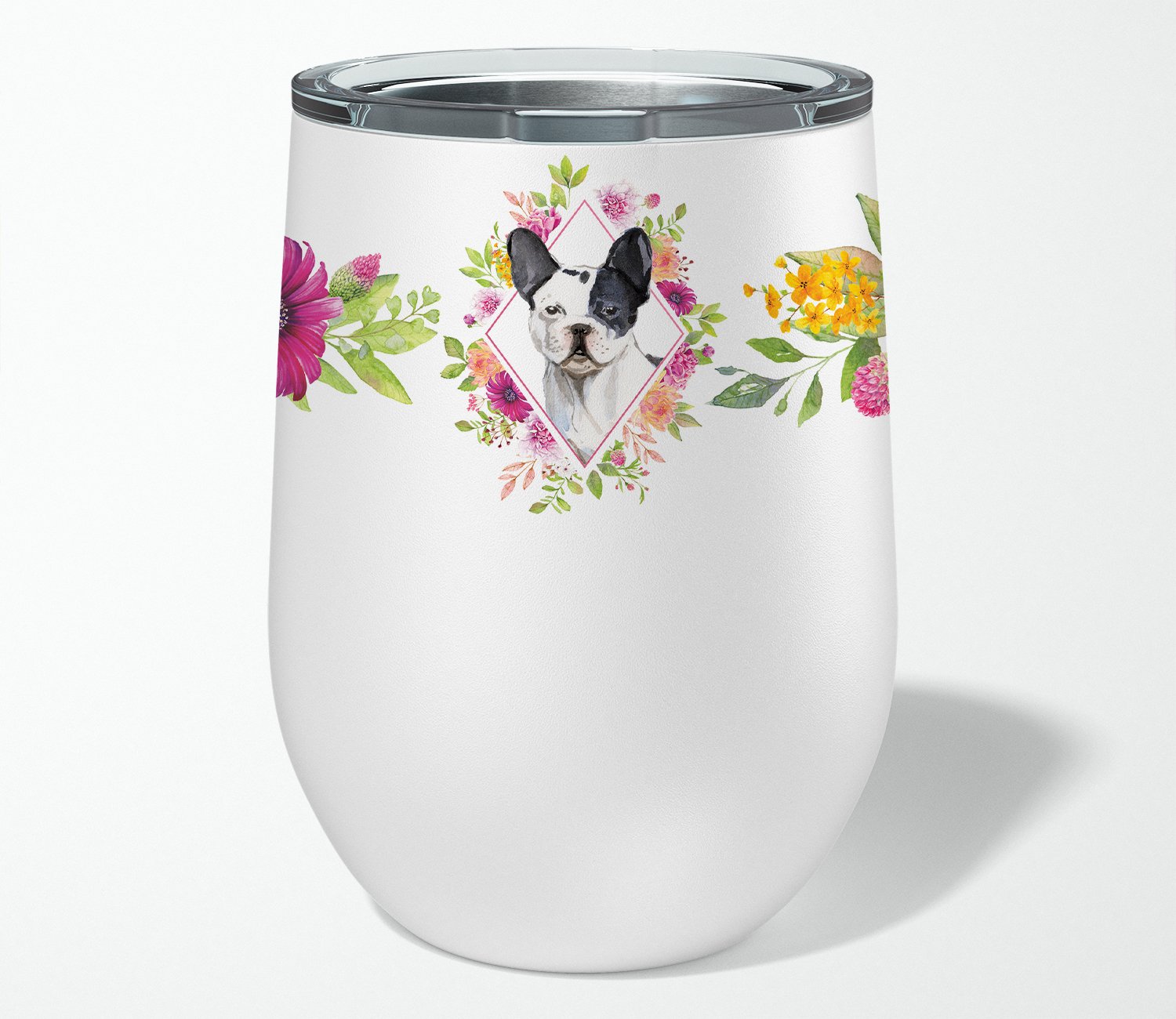 Black and White Frenchie Pink Flowers Stainless Steel 12 oz Stemless Wine Glass CK4260TBL12 by Caroline's Treasures