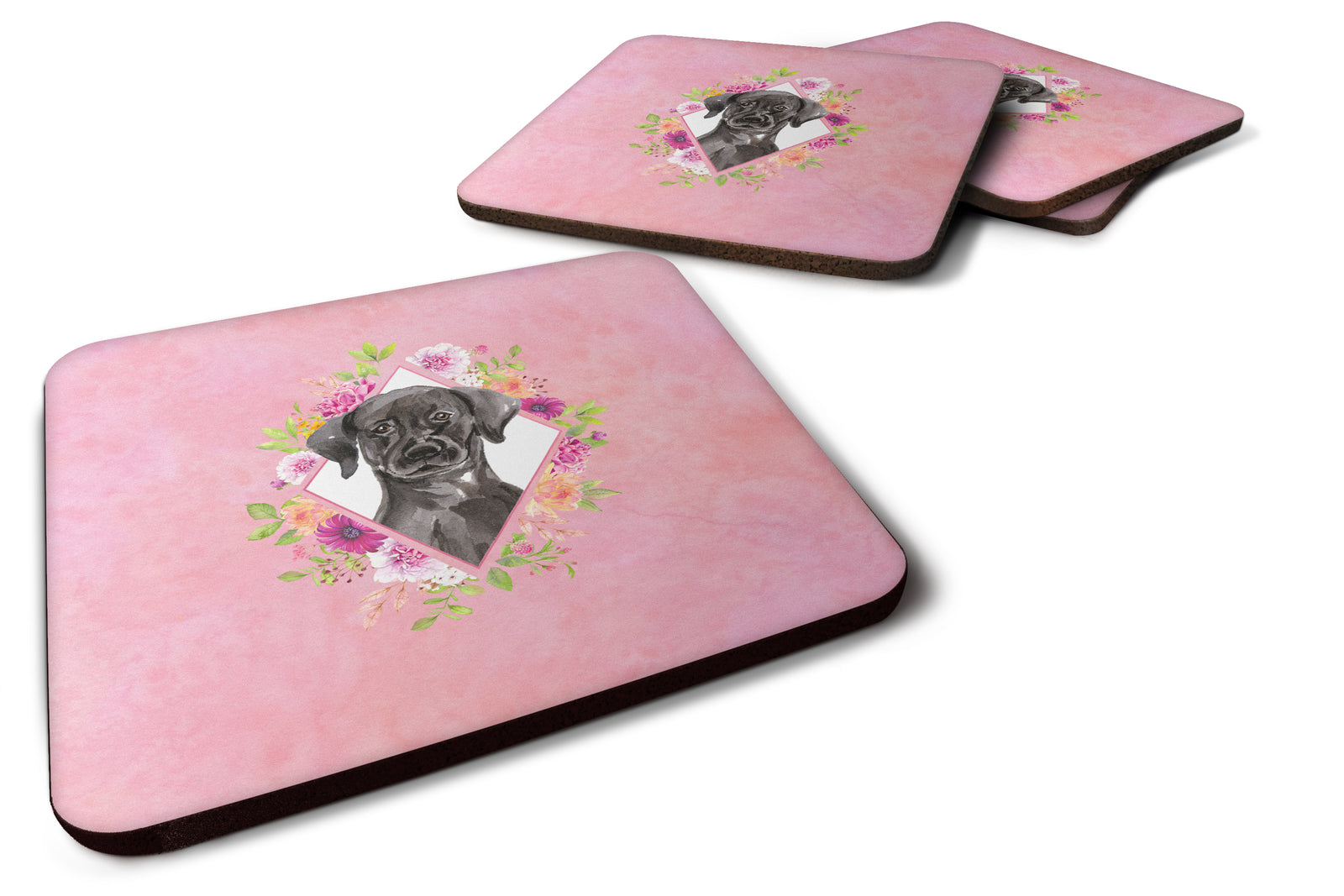 Set of 4 Black Labrador Pink Flowers Foam Coasters Set of 4 CK4261FC - the-store.com