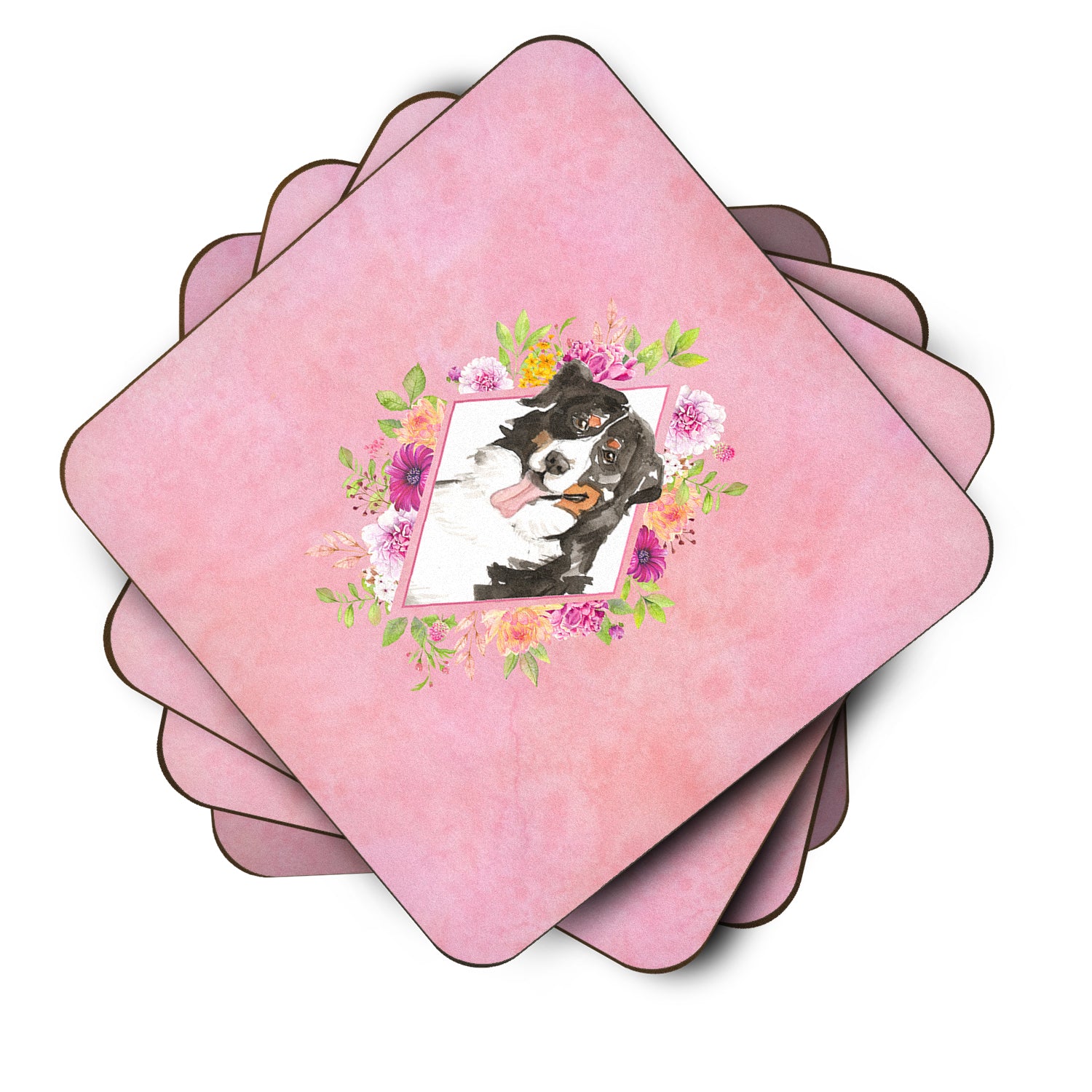 Set of 4 Bernese Mountain Dog Pink Flowers Foam Coasters Set of 4 CK4264FC - the-store.com