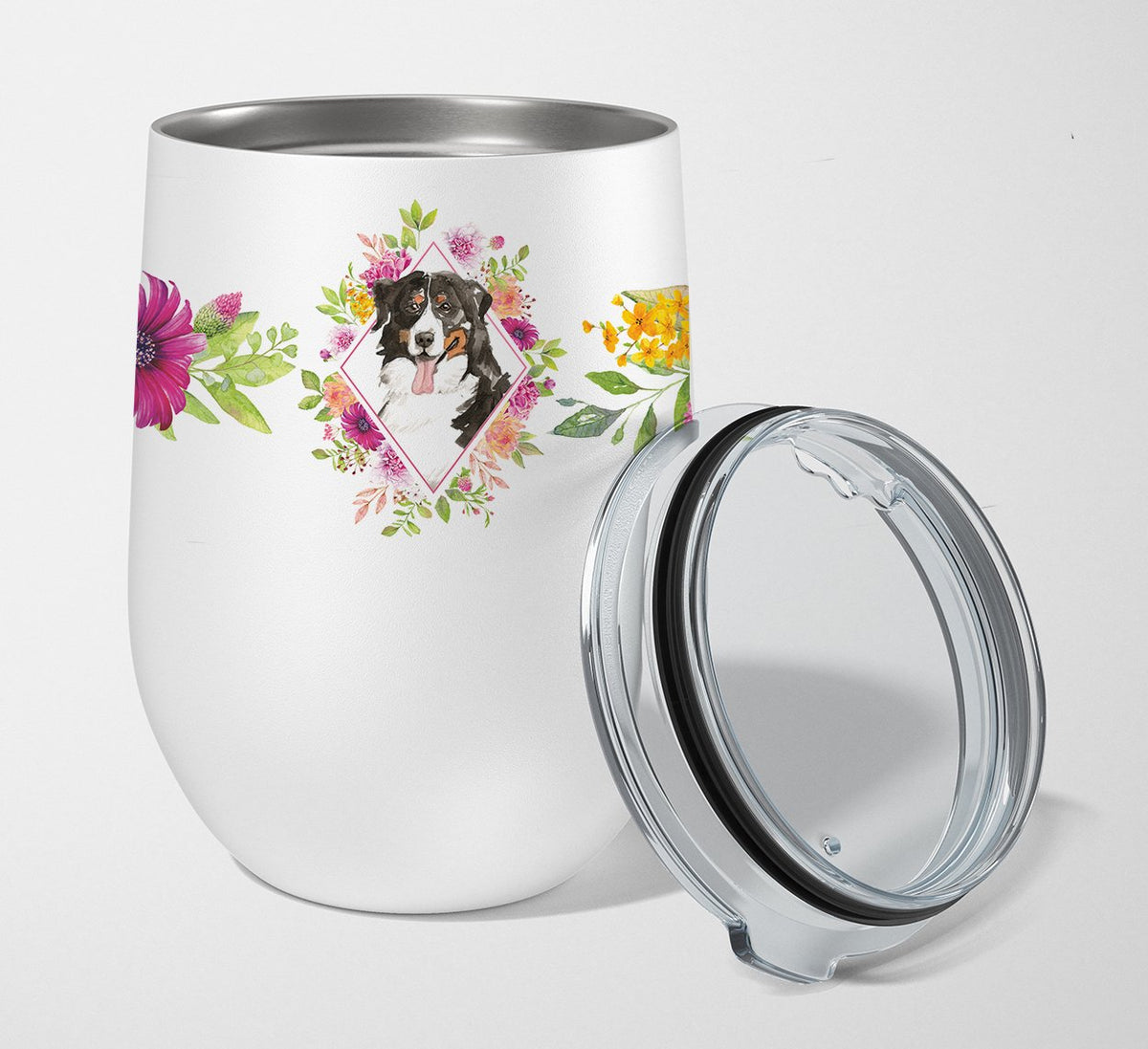 Bernese Mountain Dog Pink Flowers Stainless Steel 12 oz Stemless Wine Glass CK4264TBL12 by Caroline&#39;s Treasures