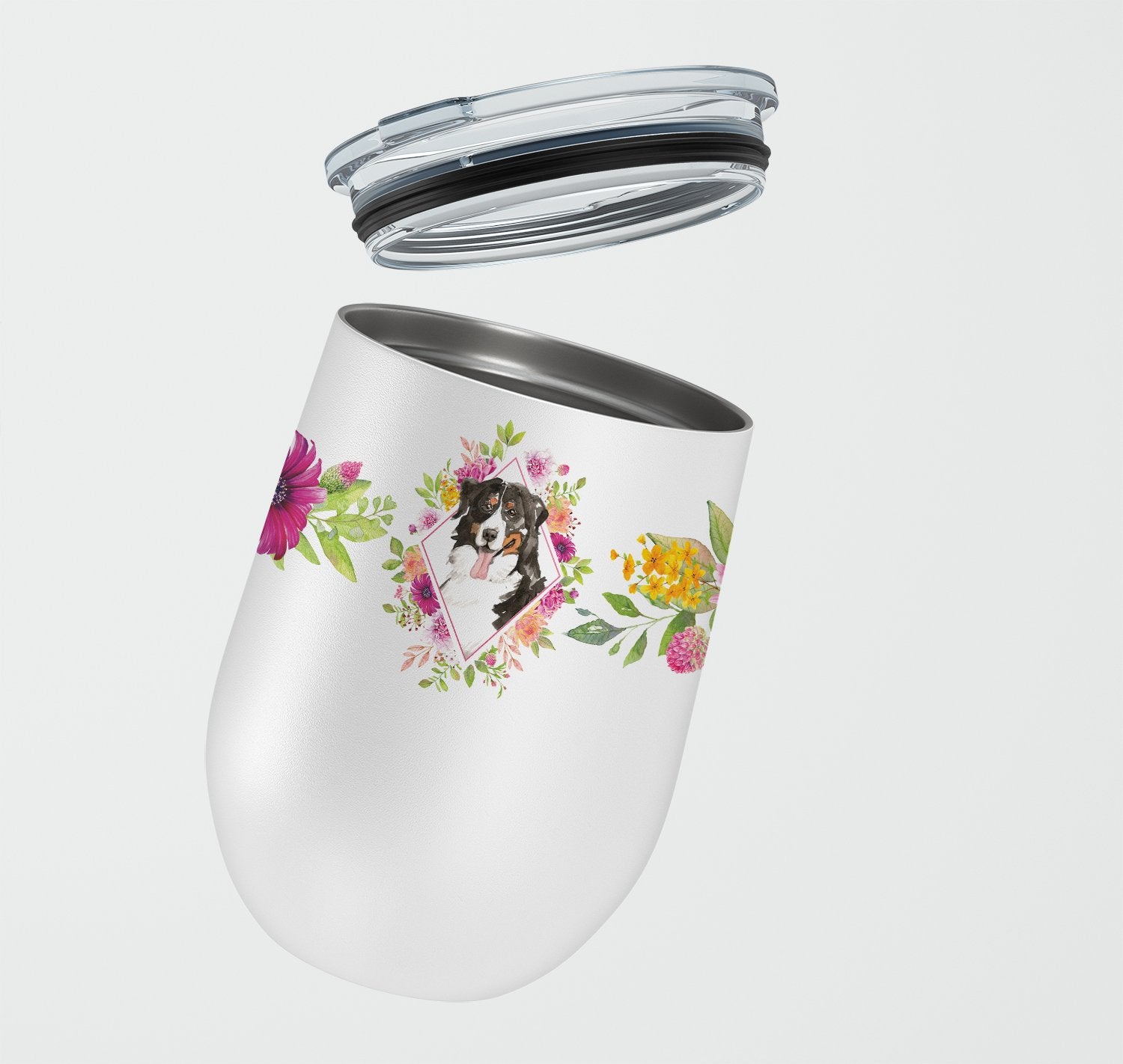 Bernese Mountain Dog Pink Flowers Stainless Steel 12 oz Stemless Wine Glass CK4264TBL12 by Caroline's Treasures