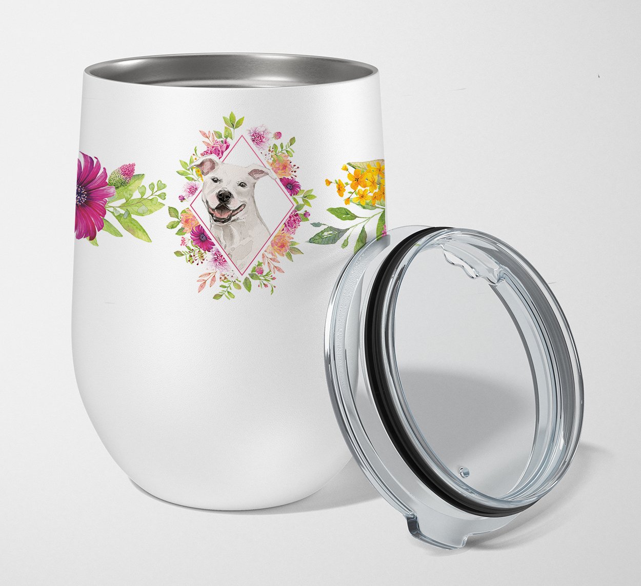 White Pit Bull Terrier Pink Flowers Stainless Steel 12 oz Stemless Wine Glass CK4268TBL12 by Caroline's Treasures
