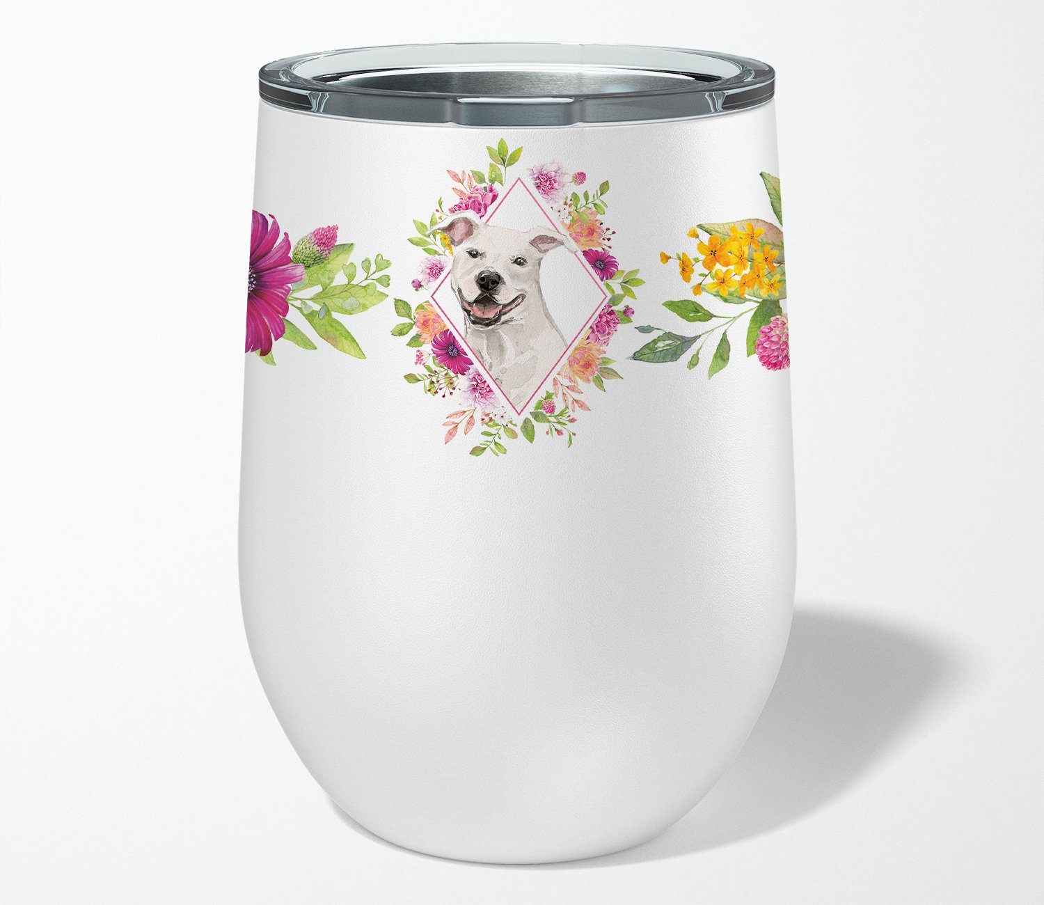 White Pit Bull Terrier Pink Flowers Stainless Steel 12 oz Stemless Wine Glass CK4268TBL12 by Caroline's Treasures