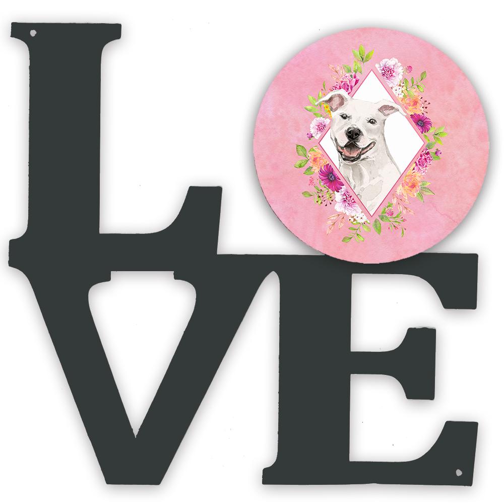 White Pit Bull Terrier Pink Flowers Metal Wall Artwork LOVE CK4268WALV by Caroline's Treasures