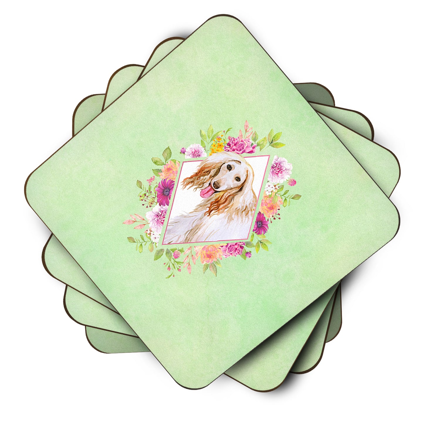 Set of 4 Afghan Hound Green Flowers Foam Coasters Set of 4 CK4270FC - the-store.com
