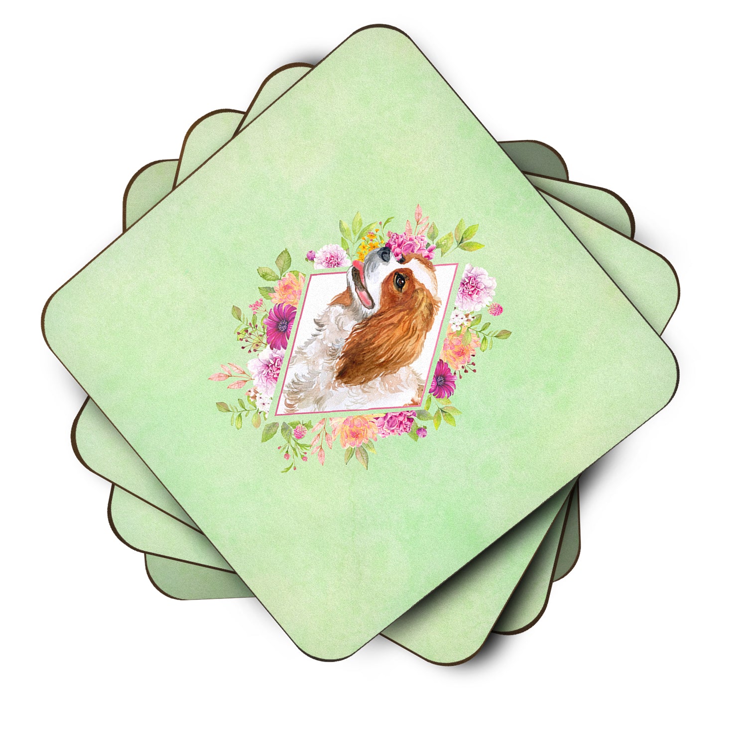 Set of 4 Cavalier King Charles Spaniel Green Flowers Foam Coasters Set of 4 CK4286FC - the-store.com