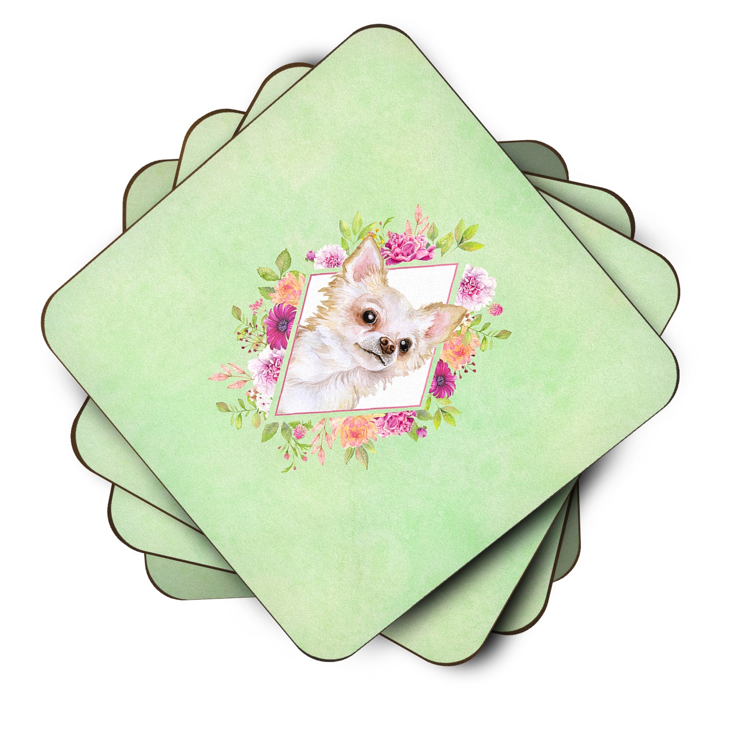 Set of 4 Long Hair Chihuahua Green Flowers Foam Coasters Set of 4 CK4287FC - the-store.com
