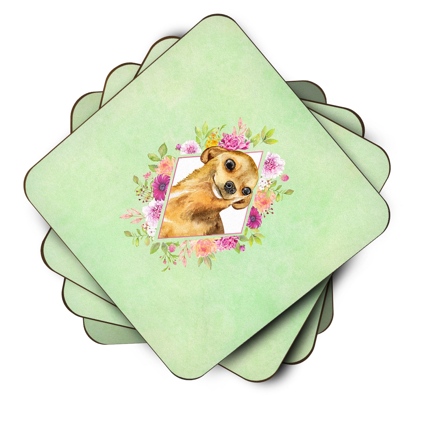 Set of 4 Chihuahua #1 Green Flowers Foam Coasters Set of 4 CK4288FC - the-store.com