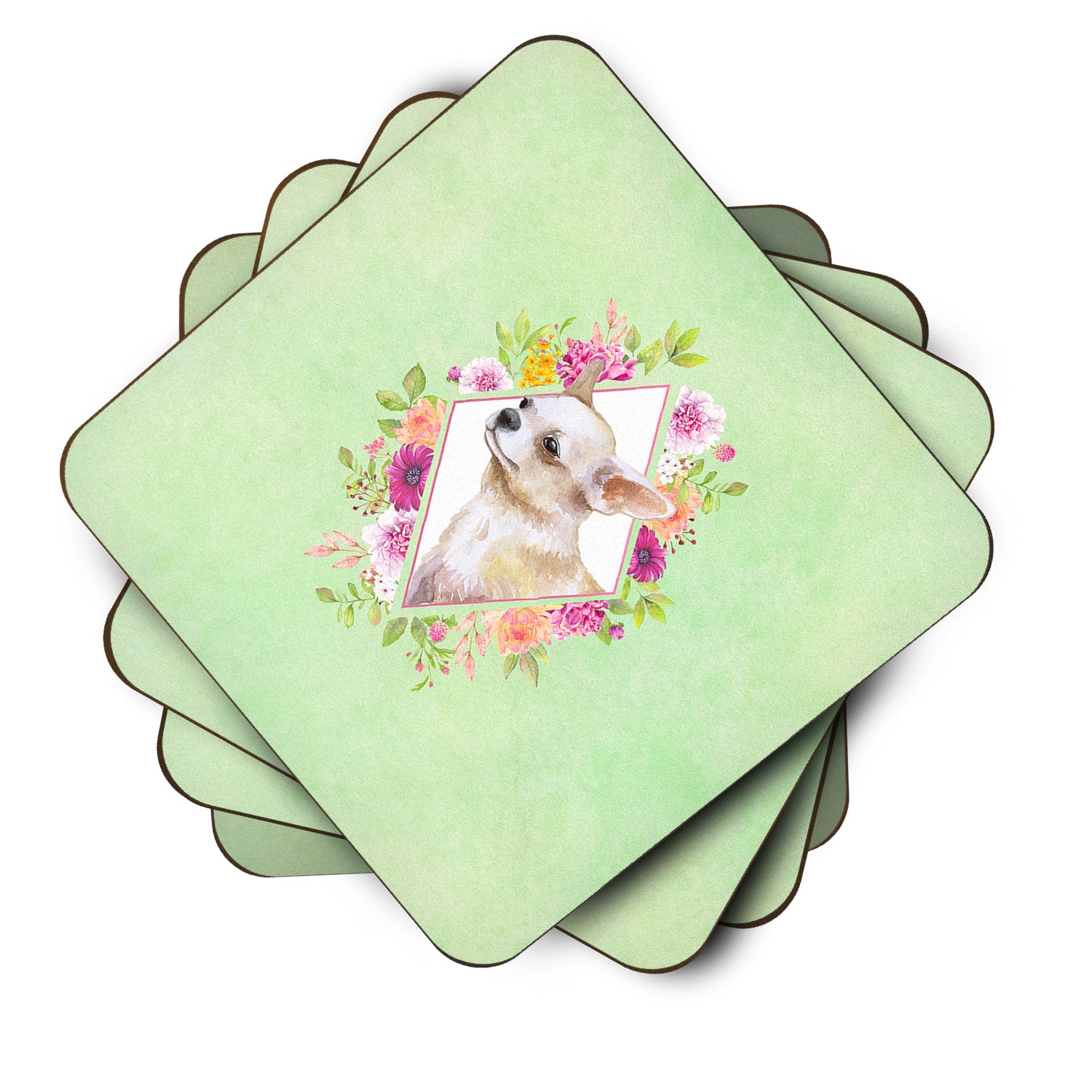 Set of 4 Chihuahua #2 Green Flowers Foam Coasters Set of 4 CK4289FC - the-store.com