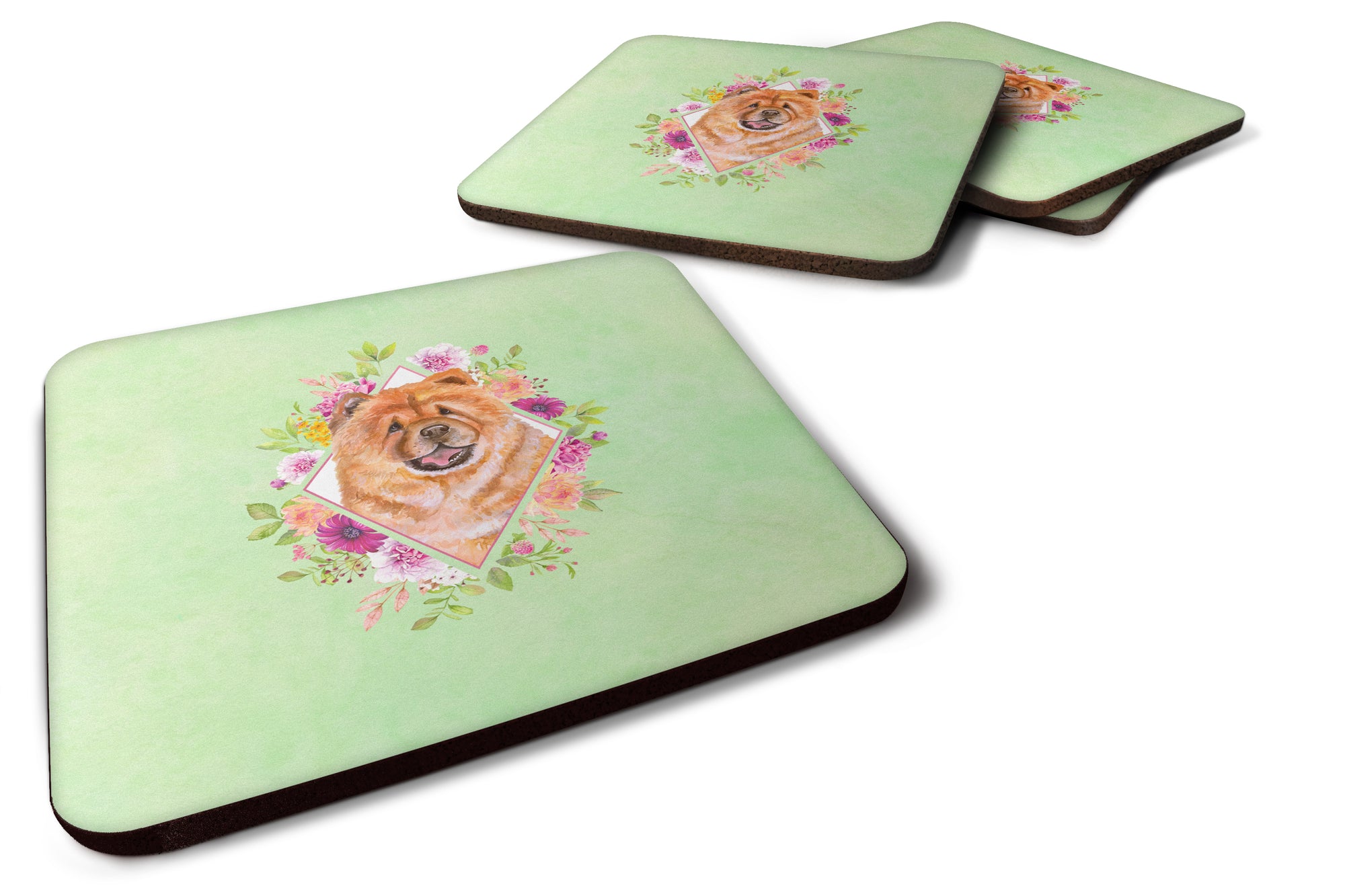 Set of 4 Chow Chow #1 Green Flowers Foam Coasters Set of 4 CK4291FC - the-store.com