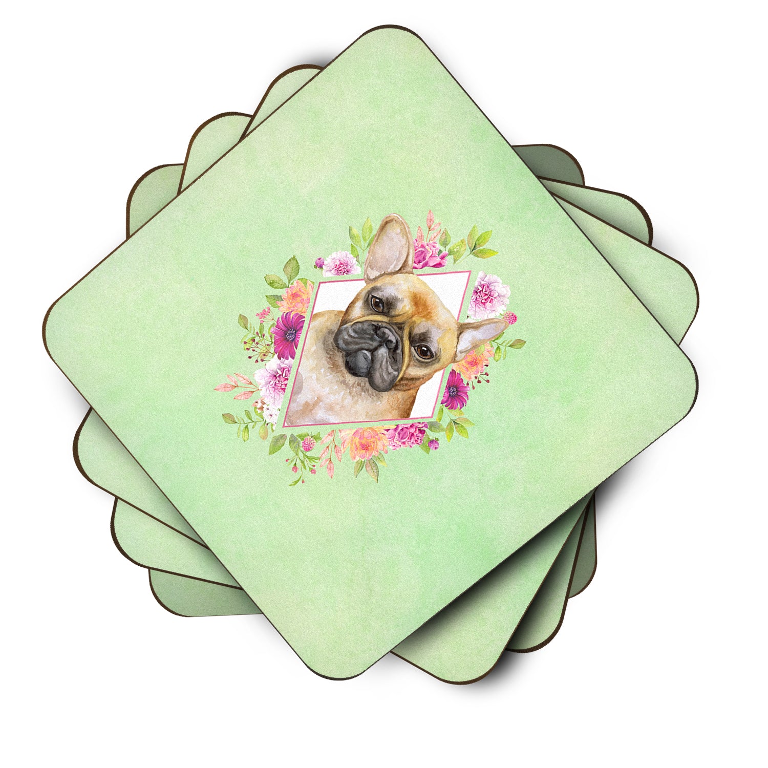 Set of 4 Fawn French Bulldog Green Flowers Foam Coasters Set of 4 CK4304FC - the-store.com