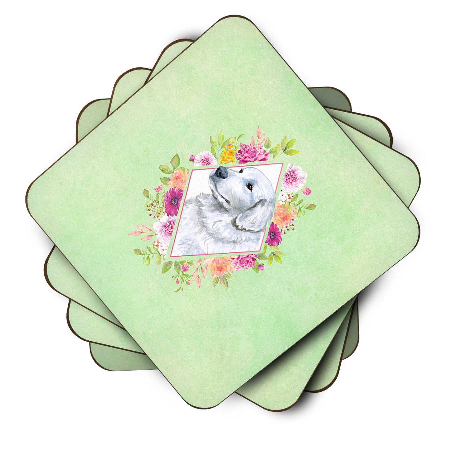 Set of 4 Great Pyrenees Green Flowers Foam Coasters Set of 4 CK4320FC - the-store.com