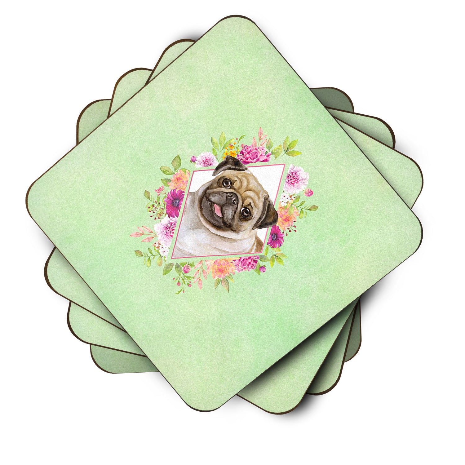 Set of 4 Fawn Pug Green Flowers Foam Coasters Set of 4 CK4334FC - the-store.com