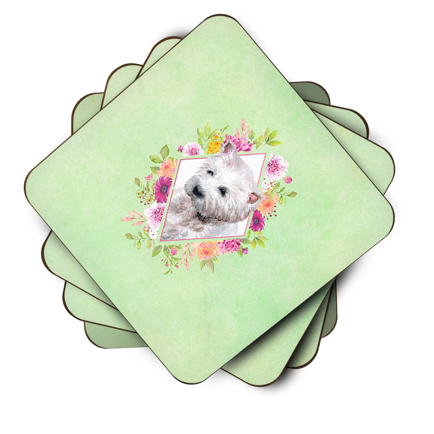 Set of 4 West Highland White Terrier Green Flowers Foam Coasters Set of 4 CK4353FC - the-store.com