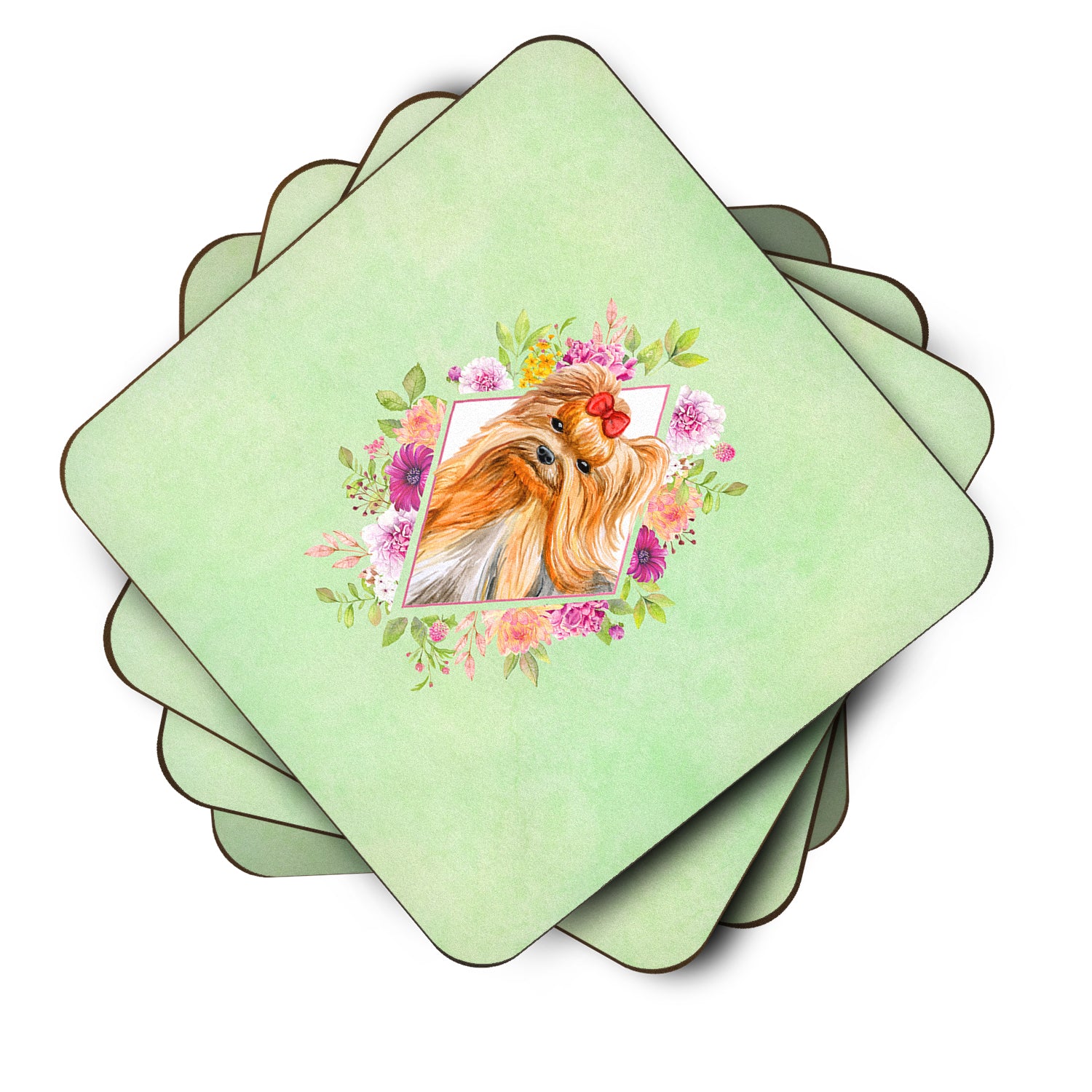 Set of 4 Yorkshire Terrier #2 Green Flowers Foam Coasters Set of 4 CK4355FC - the-store.com