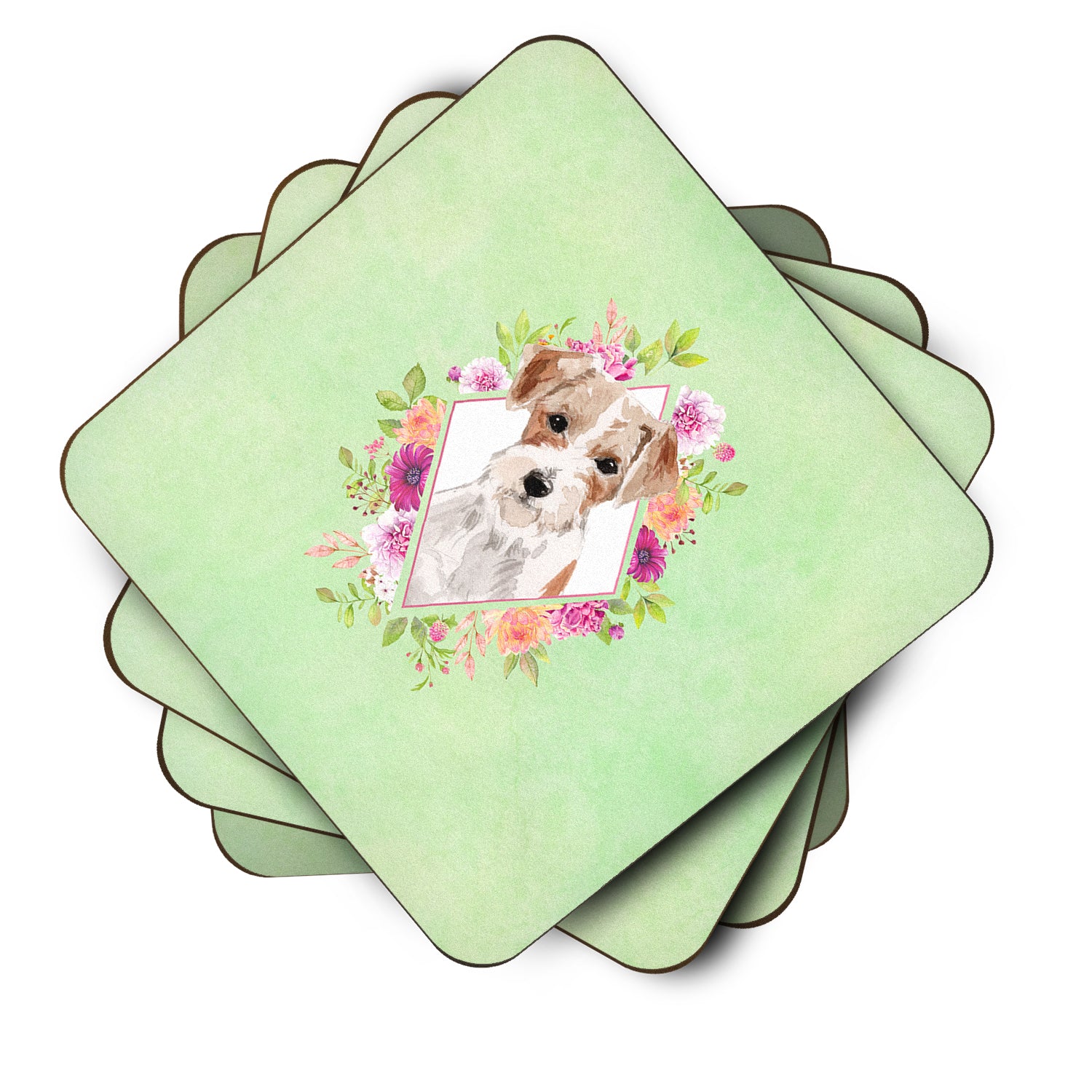 Set of 4 Jack Russell Terrier Green Flowers Foam Coasters Set of 4 CK4358FC - the-store.com