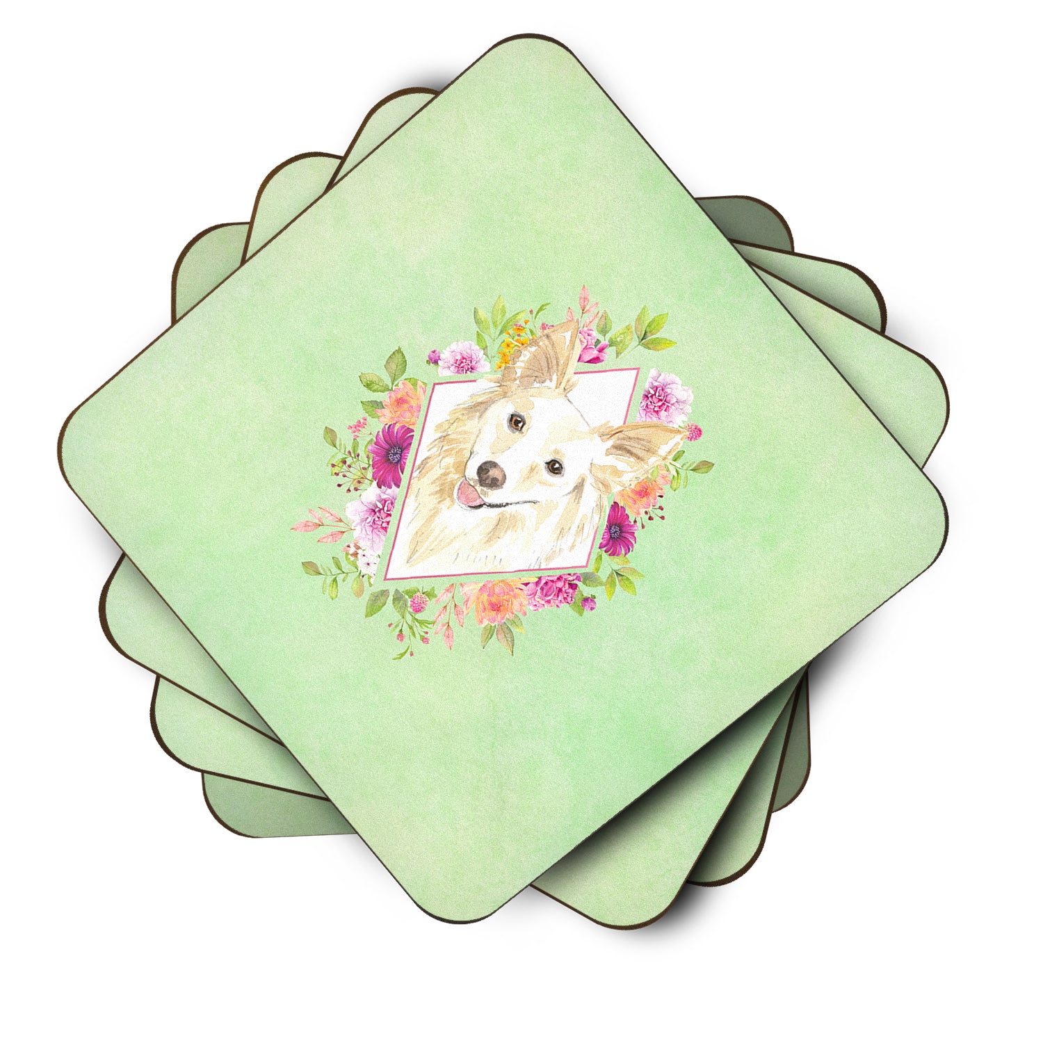 Set of 4  White Collie Green Flowers Foam Coasters Set of 4 CK4361FC - the-store.com