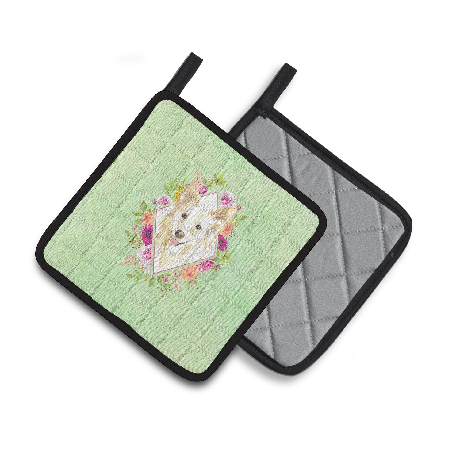 White Collie Green Flowers Pair of Pot Holders CK4361PTHD by Caroline's Treasures