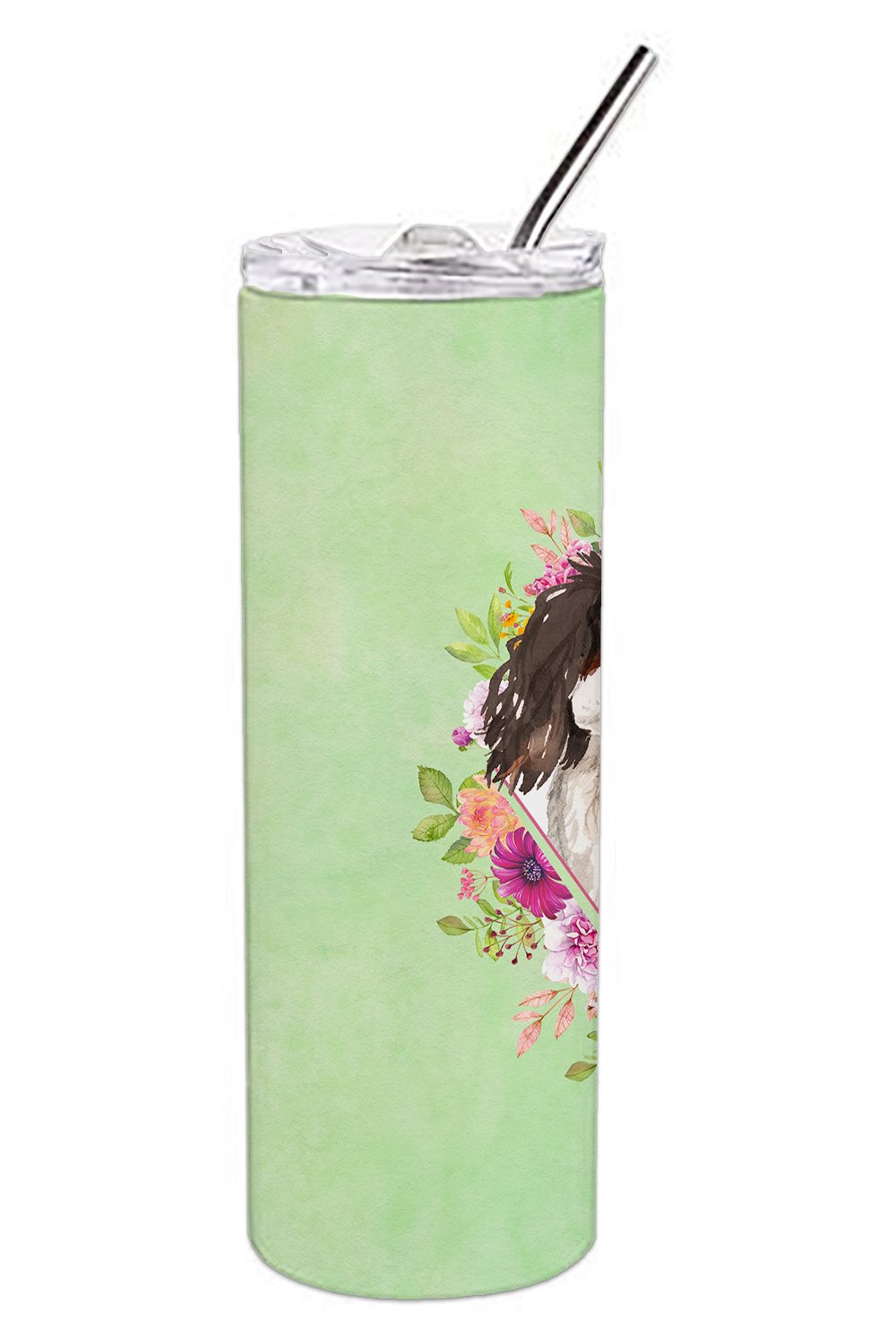 Tricolor Cavalier Spaniel Green Flowers Double Walled Stainless Steel 20 oz Skinny Tumbler CK4366TBL20 by Caroline's Treasures