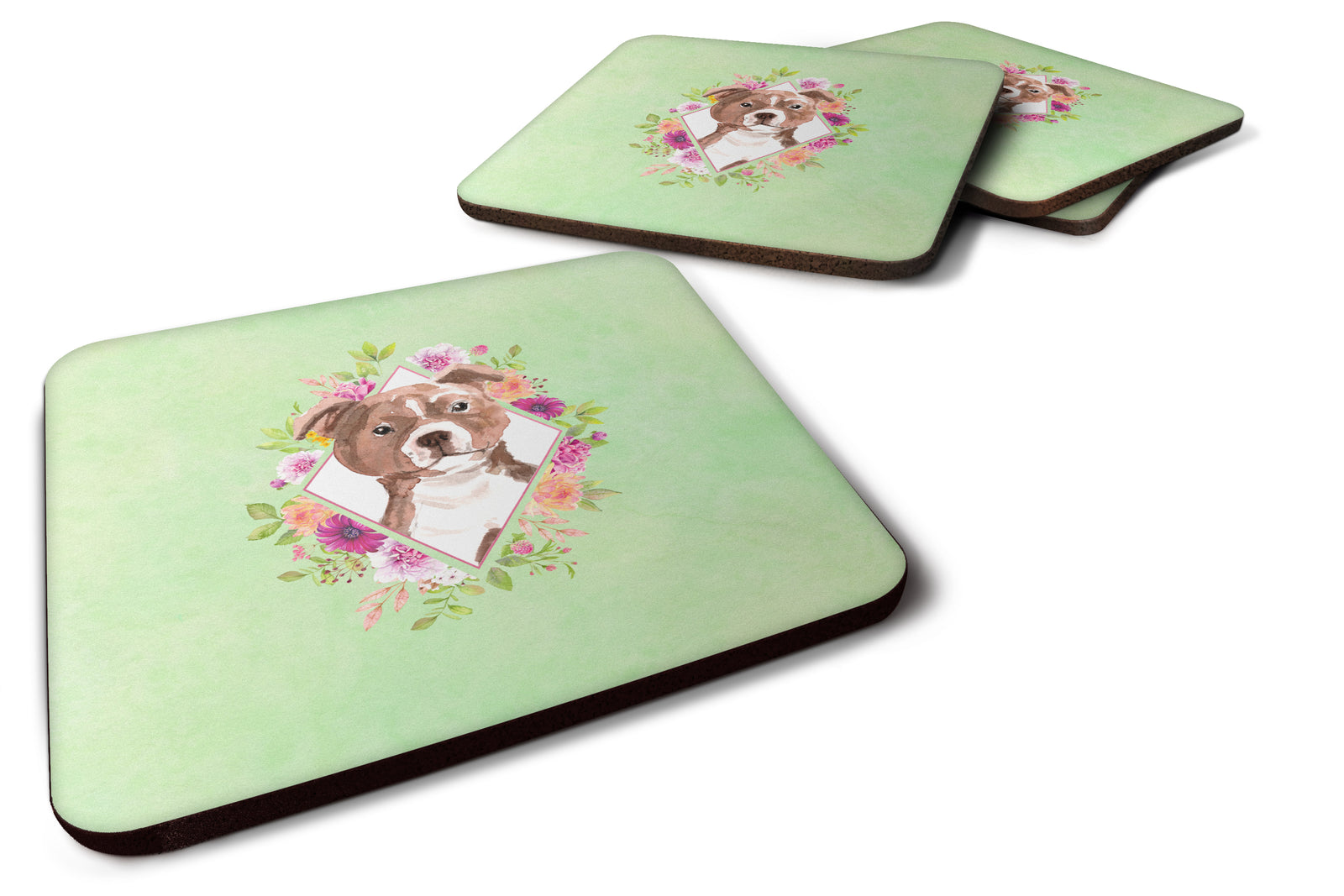 Set of 4 Staffie Bull Terrier Green Flowers Foam Coasters Set of 4 CK4368FC - the-store.com