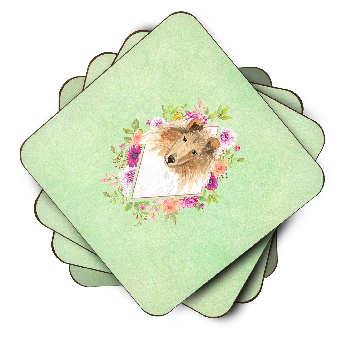Set of 4 Collie Green Flowers Foam Coasters Set of 4 CK4376FC - the-store.com