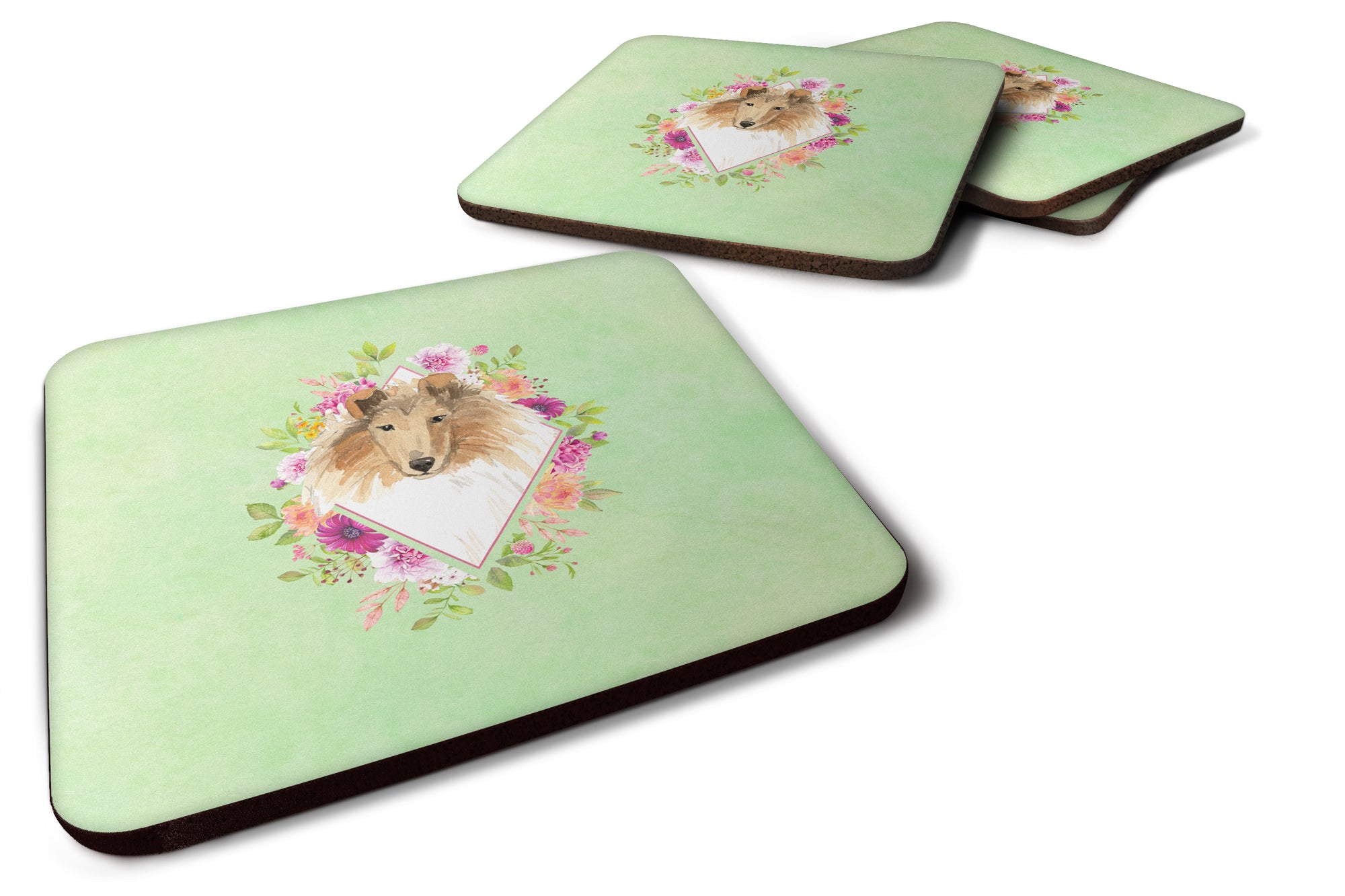 Set of 4 Collie Green Flowers Foam Coasters Set of 4 CK4376FC - the-store.com