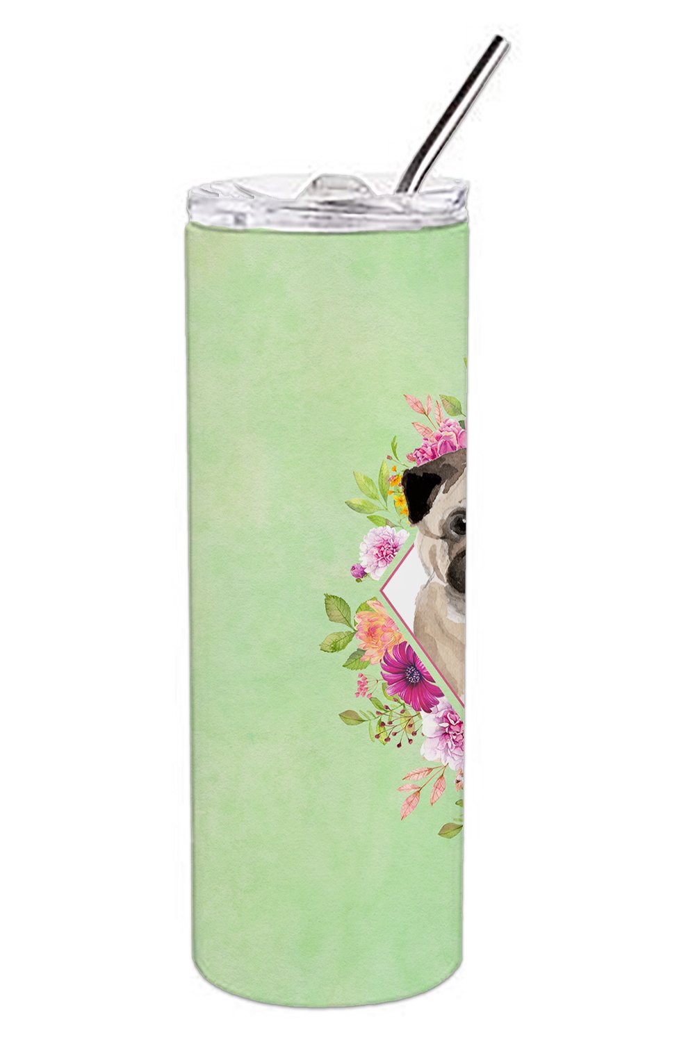 Fawn Pug Green Flowers Double Walled Stainless Steel 20 oz Skinny Tumbler CK4378TBL20 by Caroline's Treasures