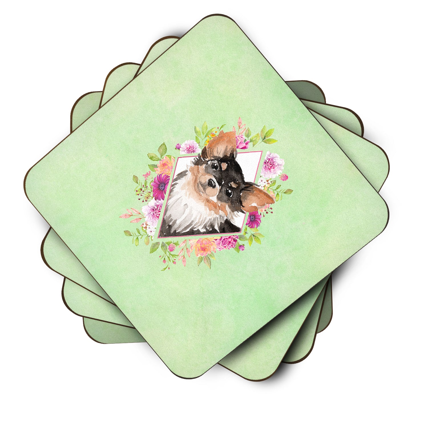 Set of 4 Longhaired Chihuahua Green Flowers Foam Coasters Set of 4 CK4385FC - the-store.com