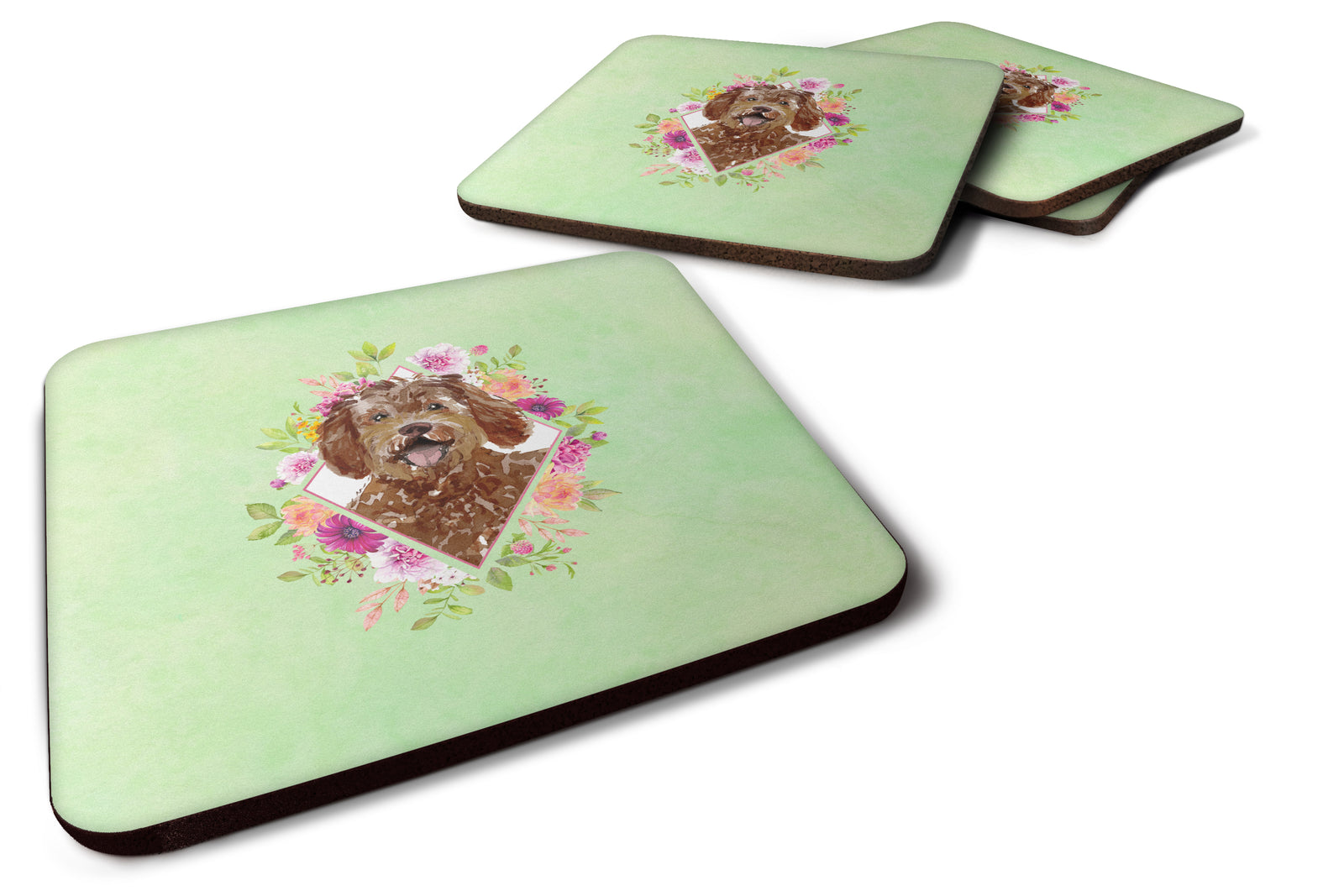 Set of 4 Labradoodle Green Flowers Foam Coasters Set of 4 CK4388FC - the-store.com