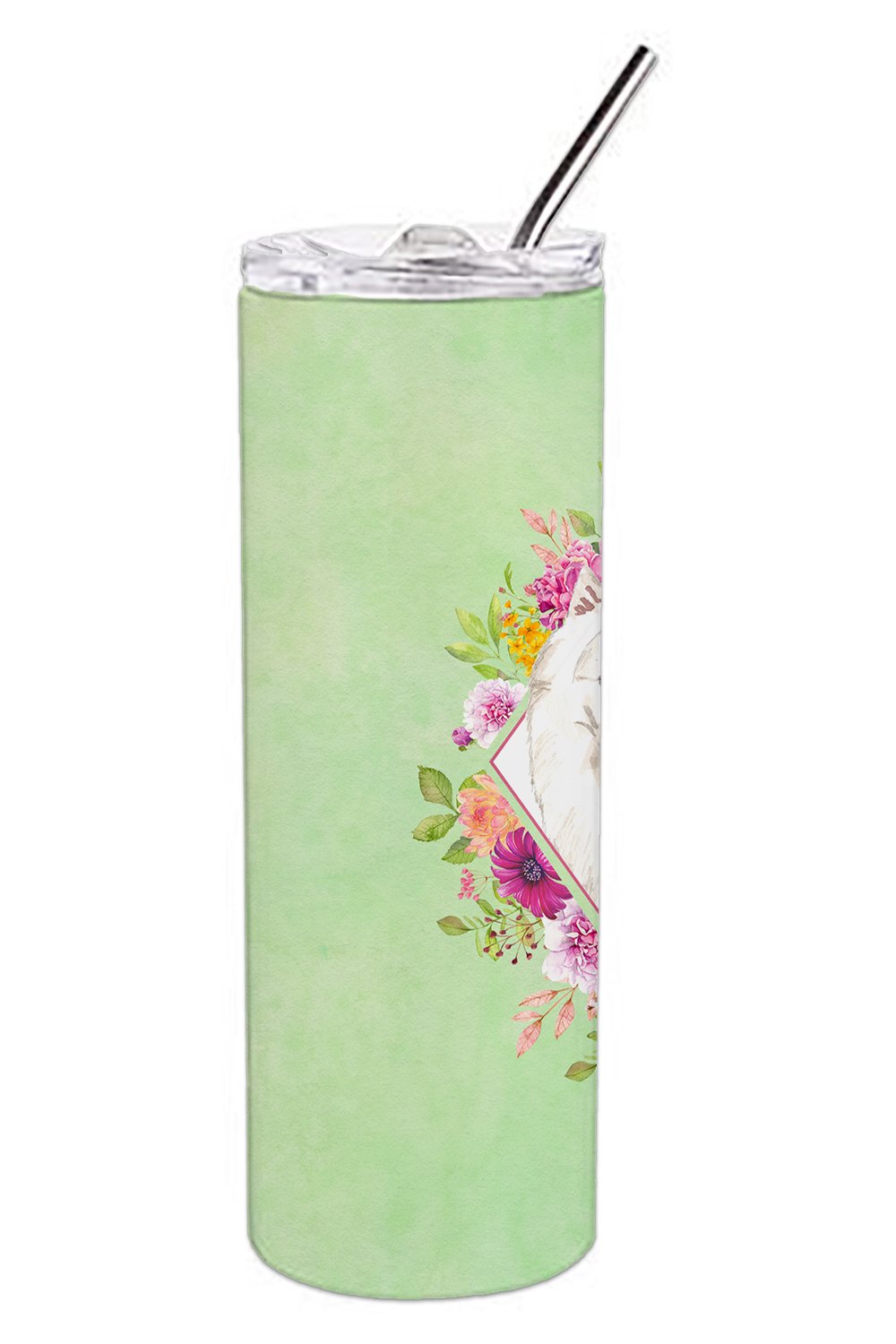 Japanese Spitz Green Flowers Double Walled Stainless Steel 20 oz Skinny Tumbler CK4389TBL20 by Caroline's Treasures