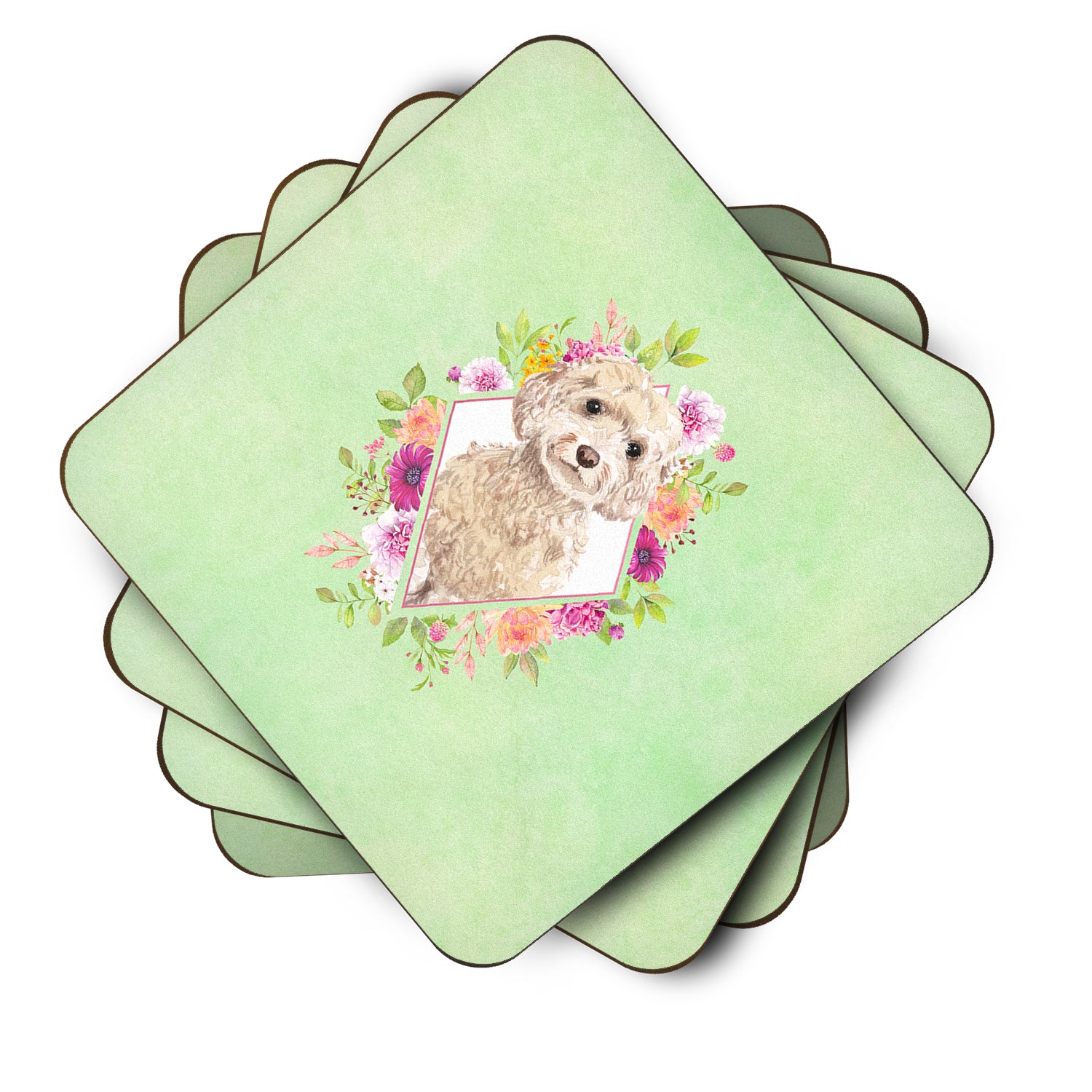 Set of 4 Champagne Cockapoo Green Flowers Foam Coasters Set of 4 CK4406FC - the-store.com