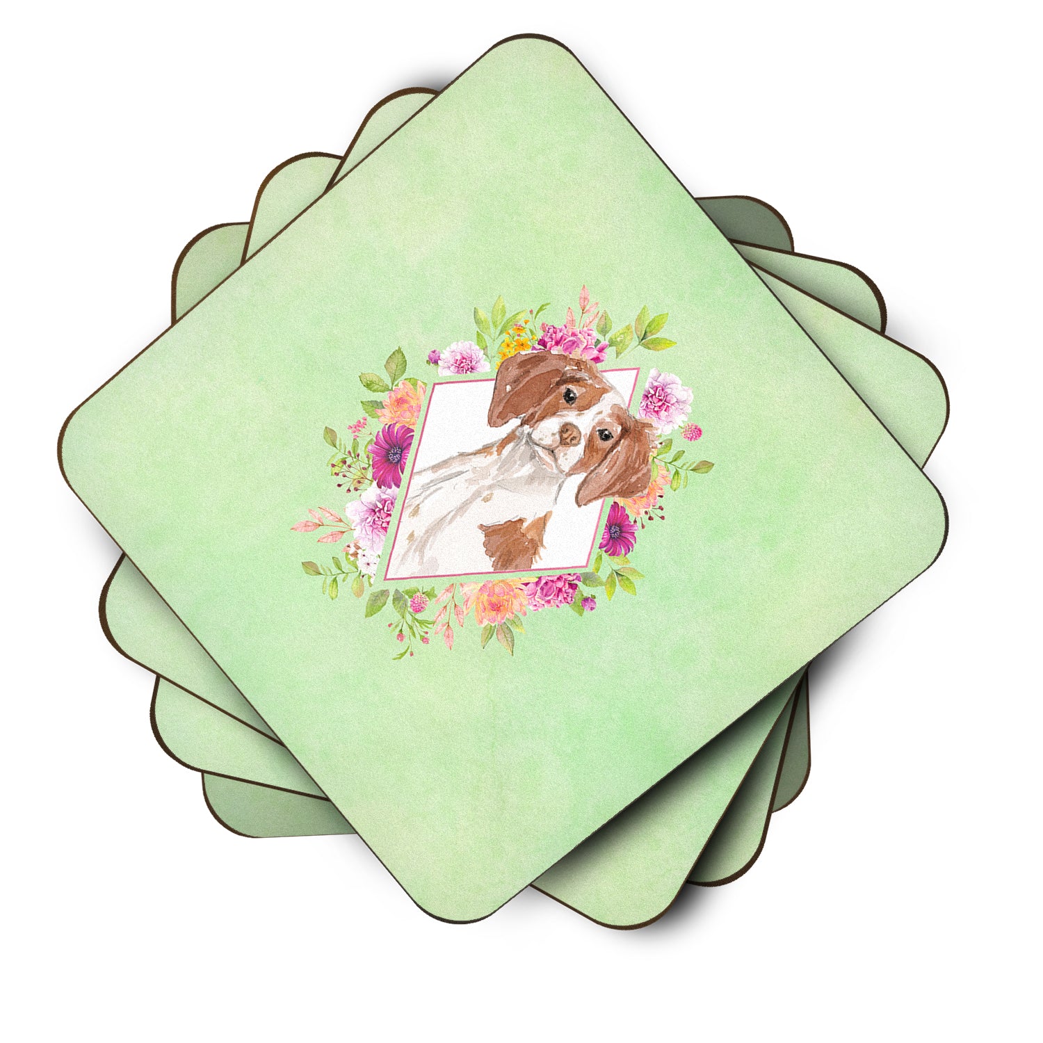 Set of 4 Brittany Spaniel Green Flowers Foam Coasters Set of 4 CK4414FC - the-store.com
