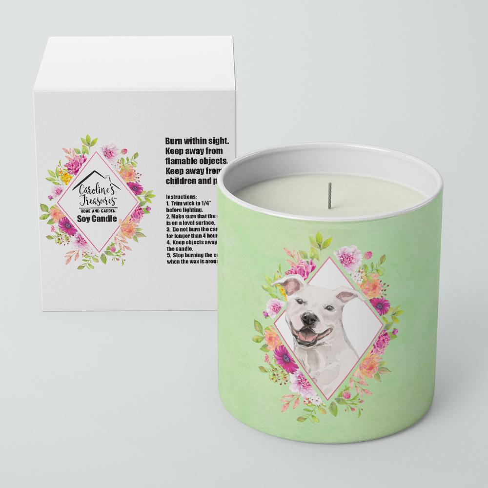 White Pit Bull Terrier Green Flowers 10 oz Decorative Soy Candle CK4428CDL by Caroline's Treasures