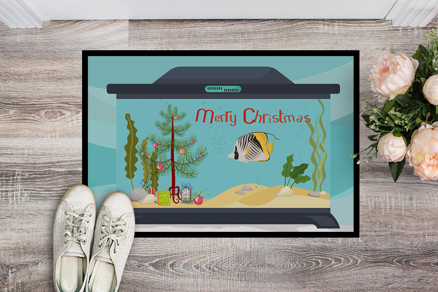 Butterfly Fish Merry Christmas Indoor or Outdoor Mat 18x27 CK4505MAT - the-store.com