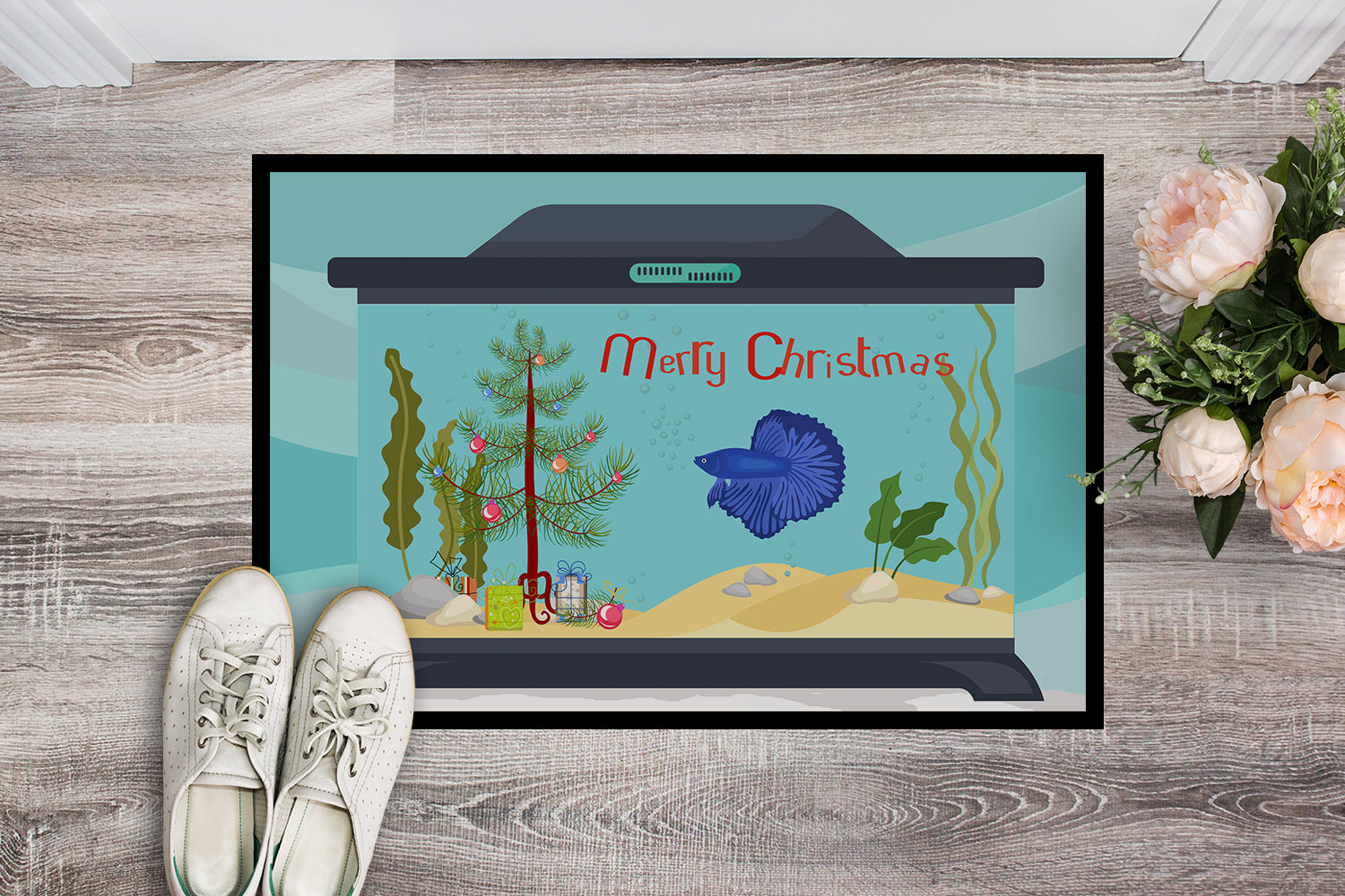 Delta Tail Betta Fish Merry Christmas Indoor or Outdoor Mat 18x27 CK4507MAT - the-store.com