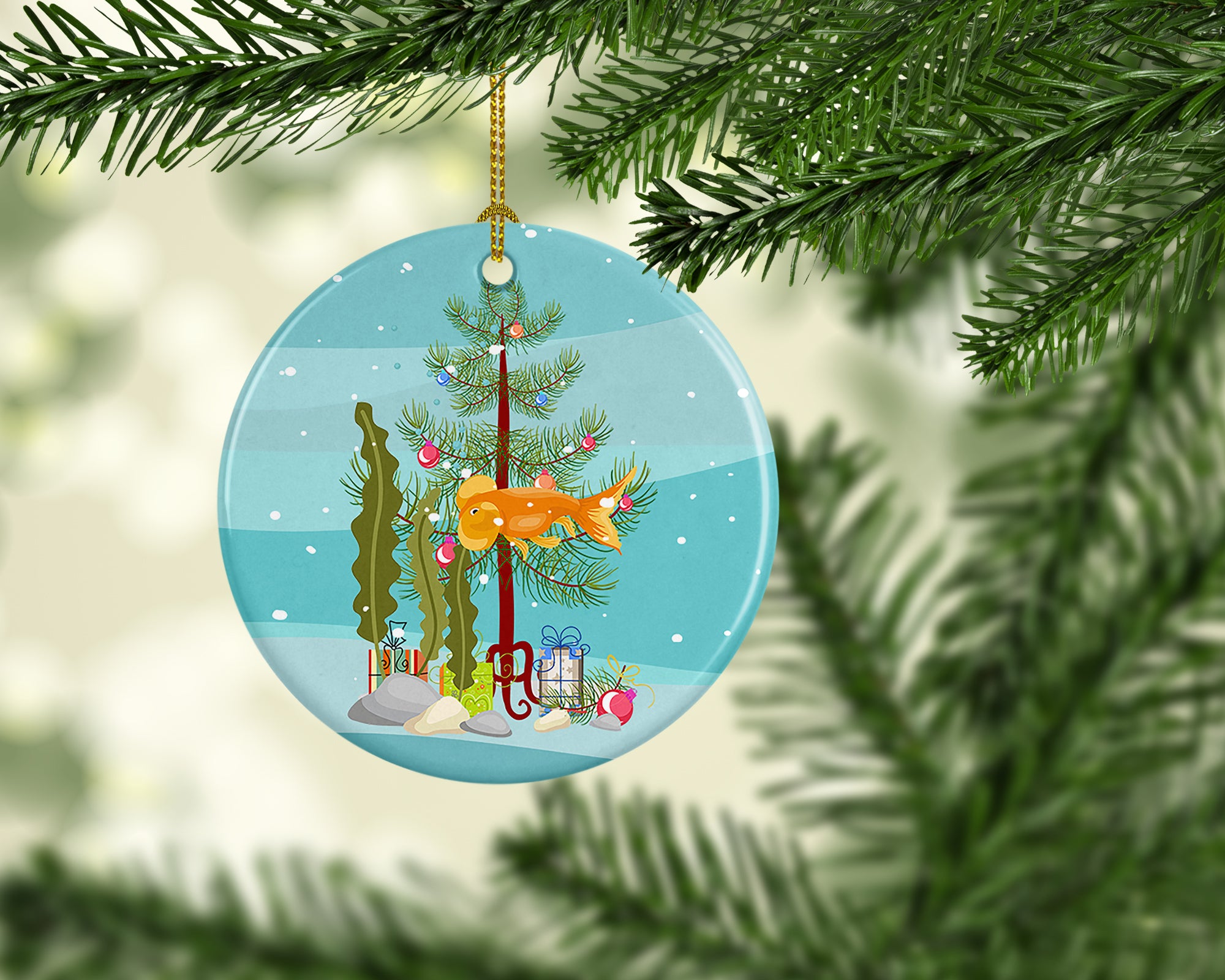 Buy this Bubble Eyed Goldfish Merry Christmas Ceramic Ornament