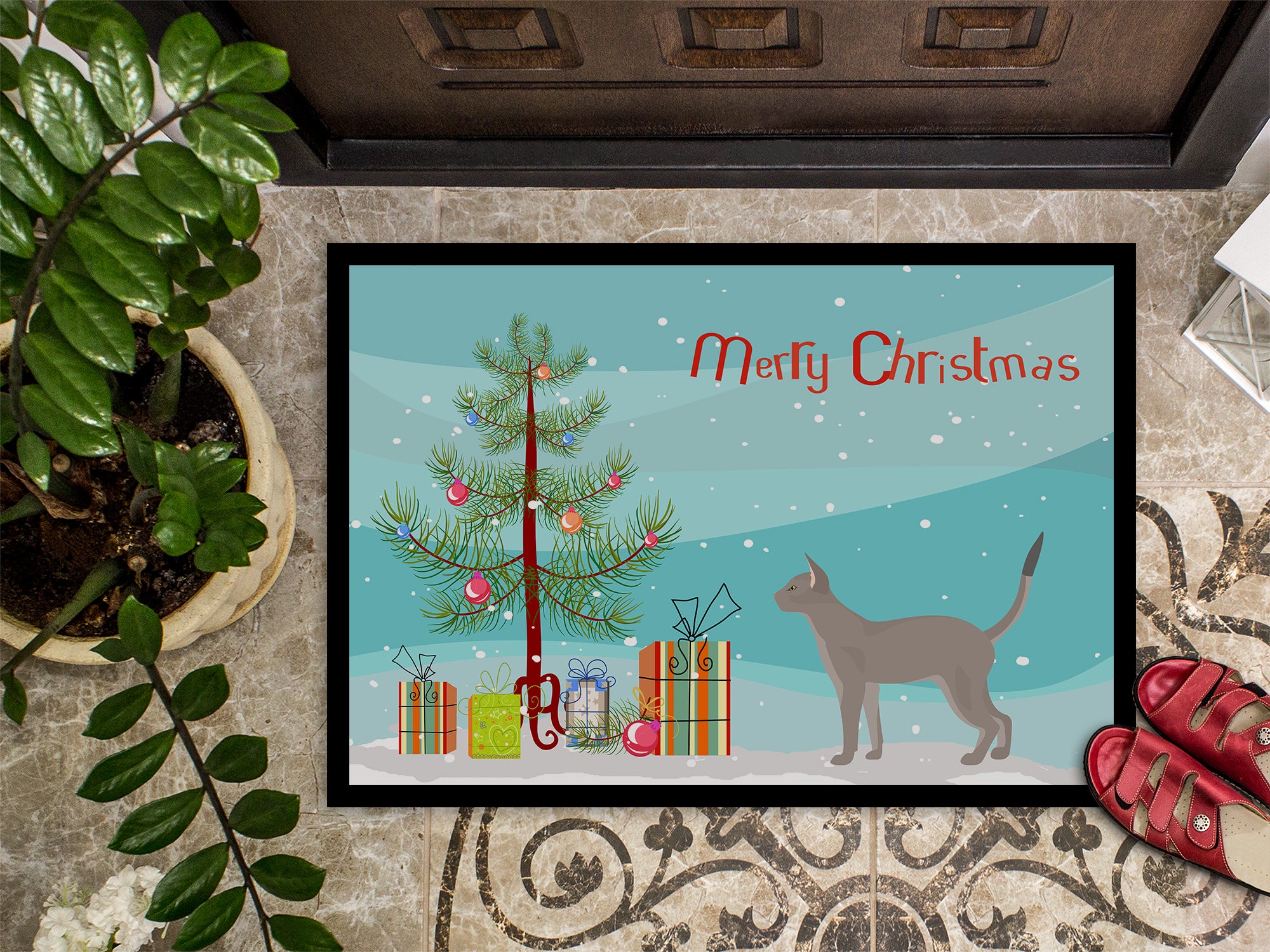 Blue Abyssinian Cat Merry Christmas Indoor or Outdoor Mat 18x27 CK4547MAT - the-store.com
