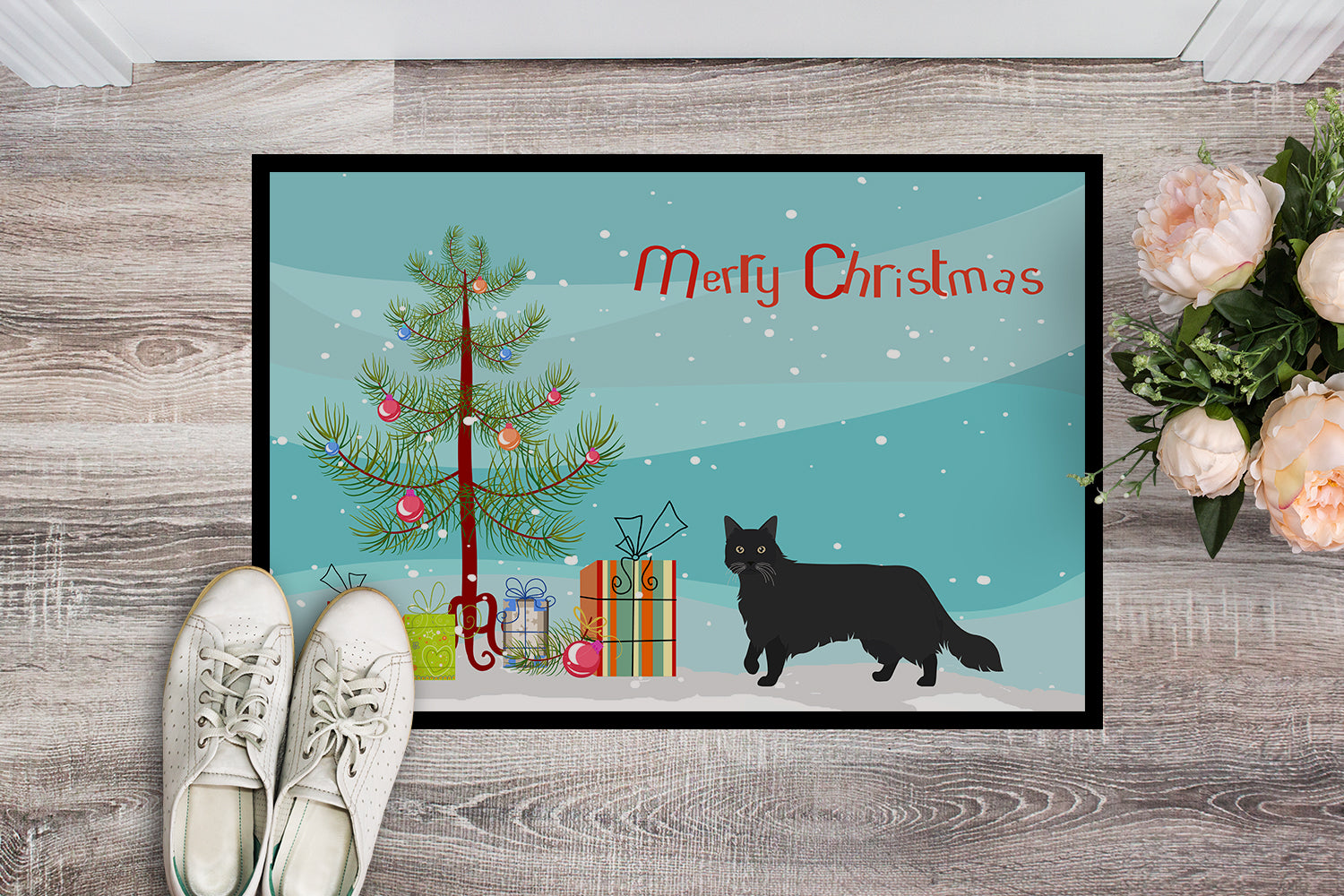 Black Chantilly Tiffany Cat Merry Christmas Indoor or Outdoor Mat 18x27 CK4581MAT - the-store.com