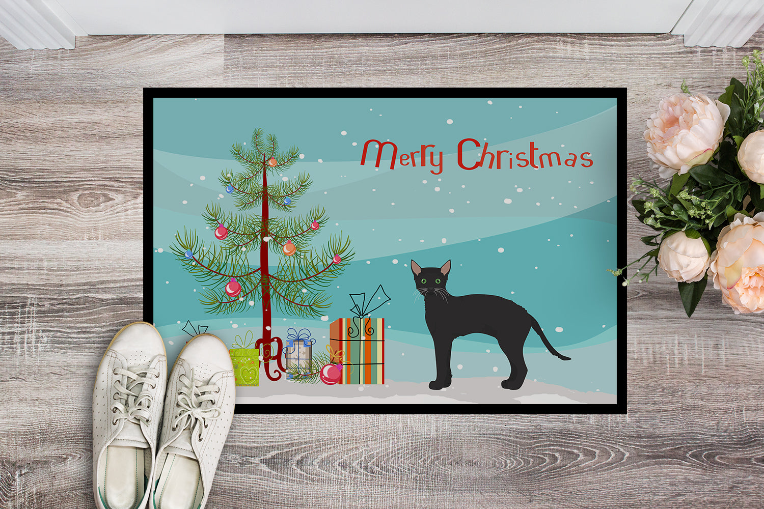 Black German Rex Cat Merry Christmas Indoor or Outdoor Mat 18x27 CK4626MAT - the-store.com
