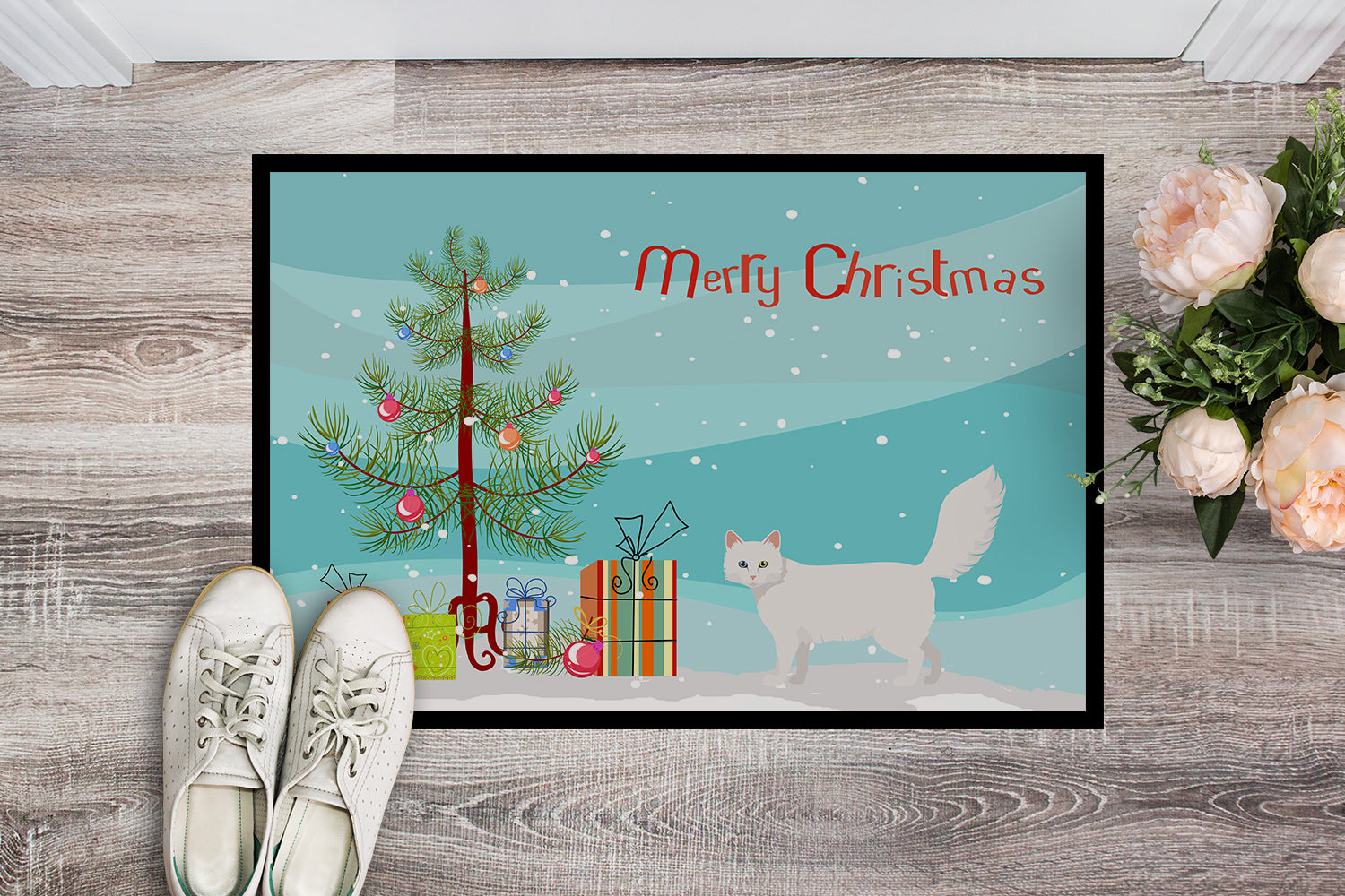 Turkish Angora Cat Merry Christmas Indoor or Outdoor Mat 18x27 CK4732MAT - the-store.com