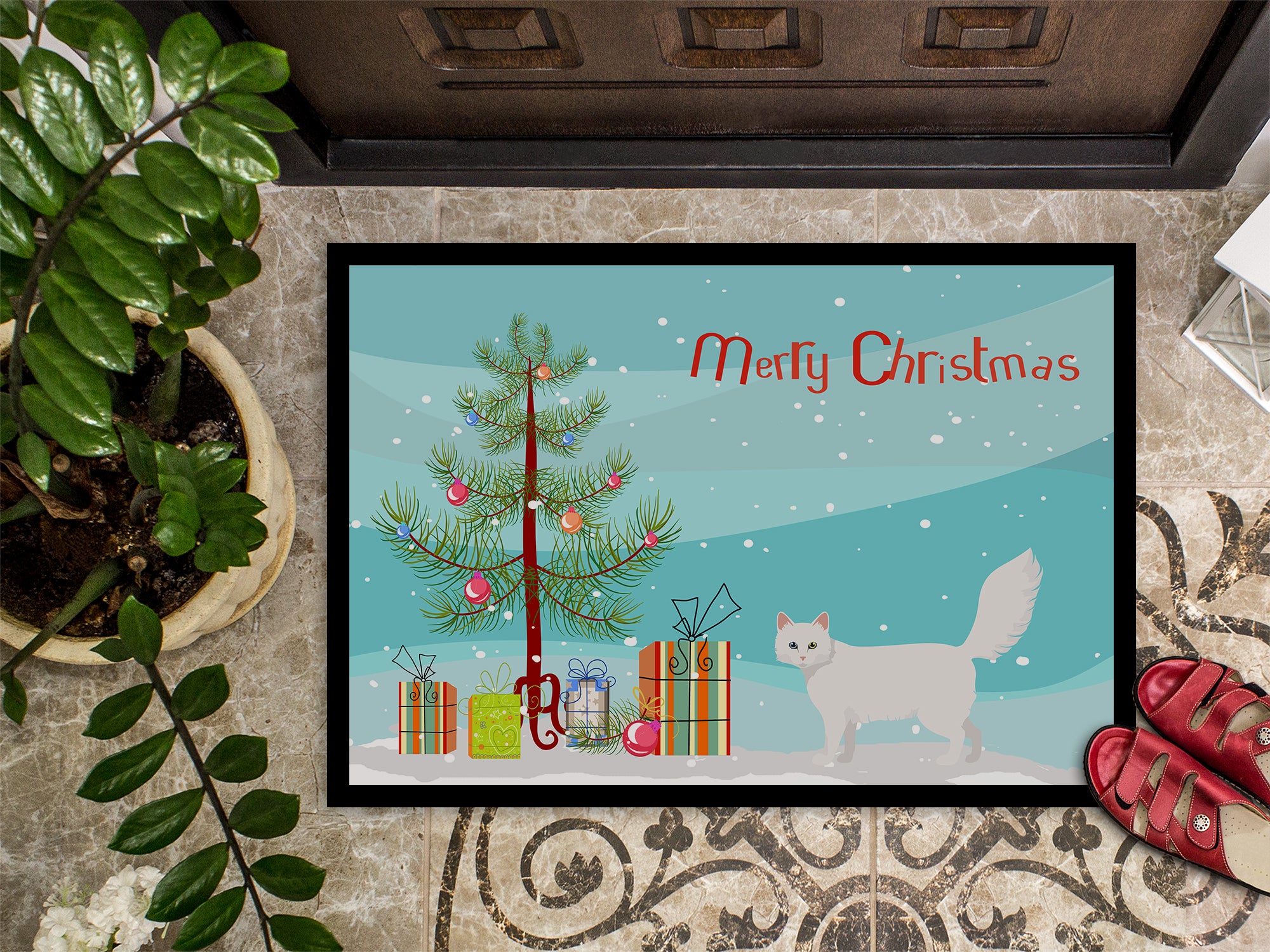 Turkish Angora Cat Merry Christmas Indoor or Outdoor Mat 18x27 CK4732MAT - the-store.com