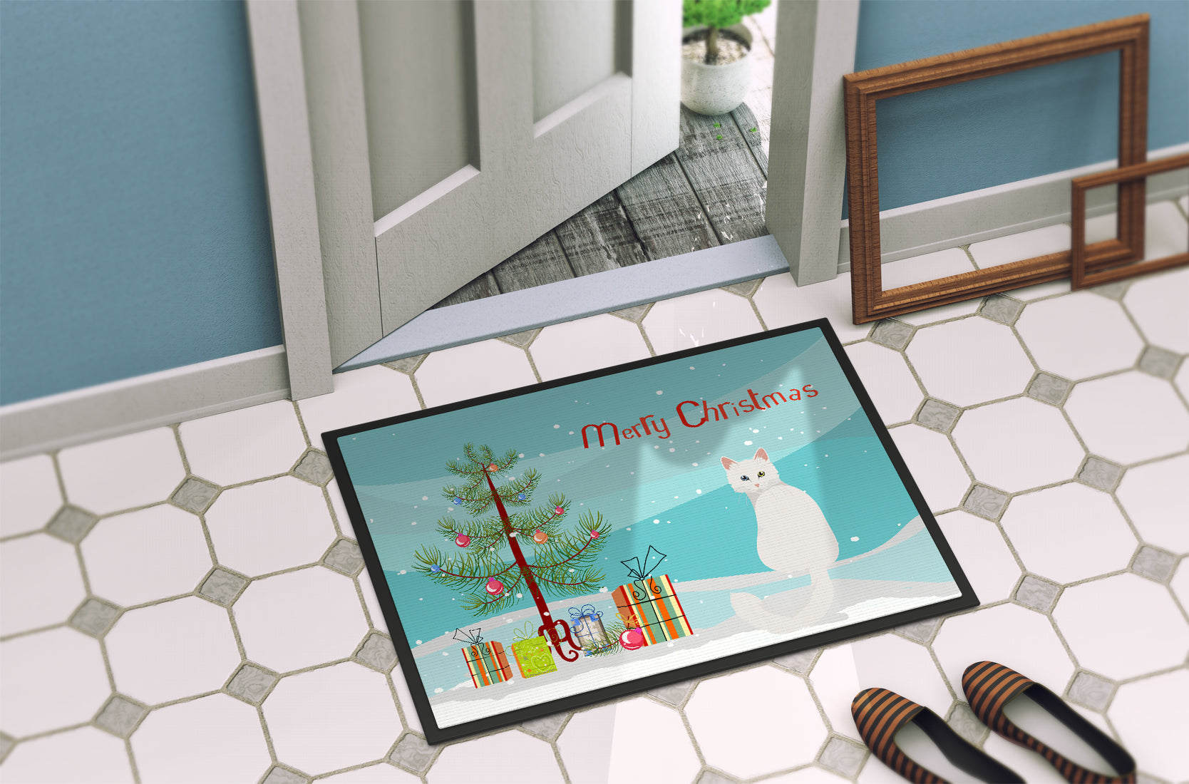 Turkish Angora Cat Merry Christmas Indoor or Outdoor Mat 18x27 CK4807MAT - the-store.com
