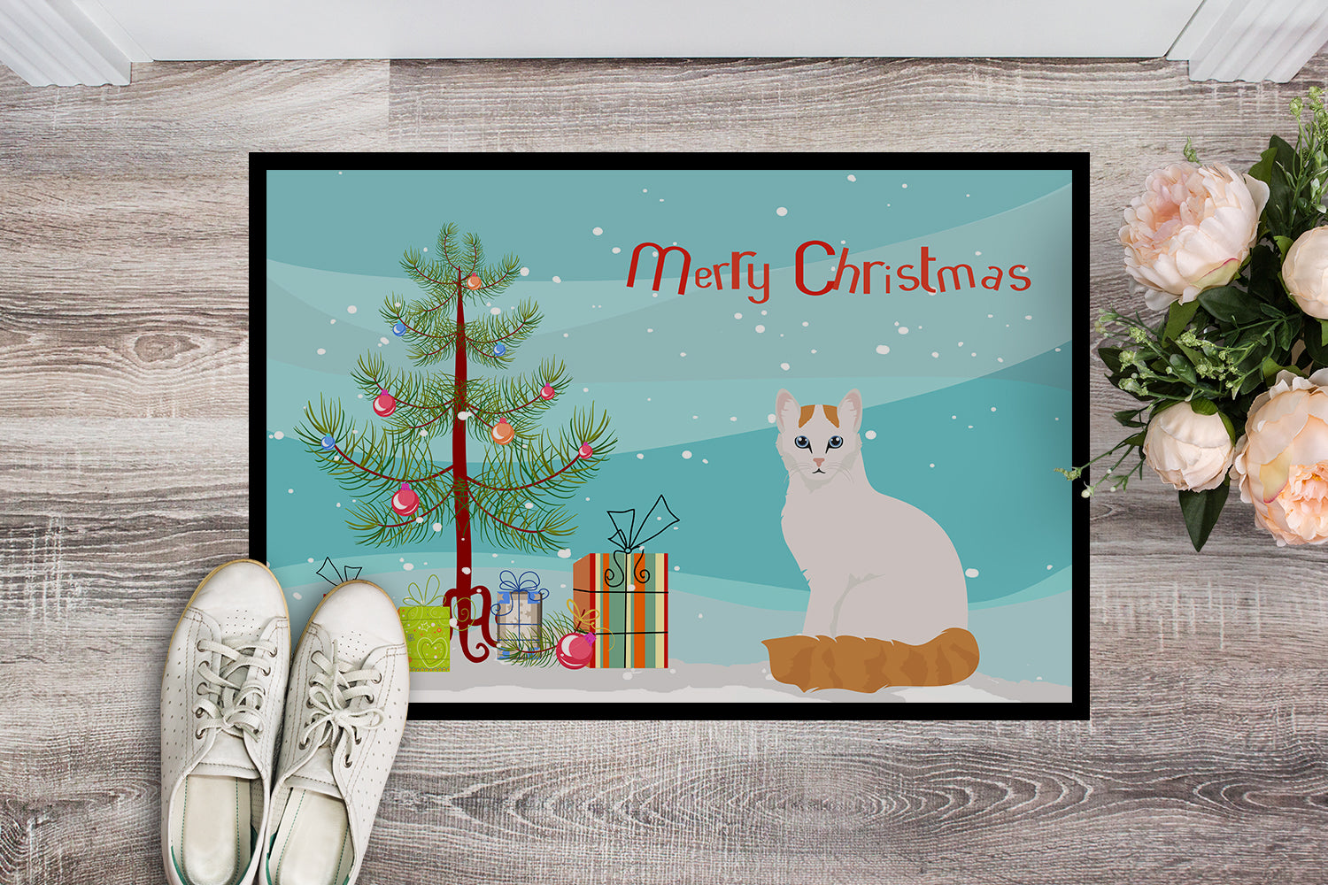 Turkish Van Cat Merry Christmas Indoor or Outdoor Mat 18x27 CK4808MAT - the-store.com