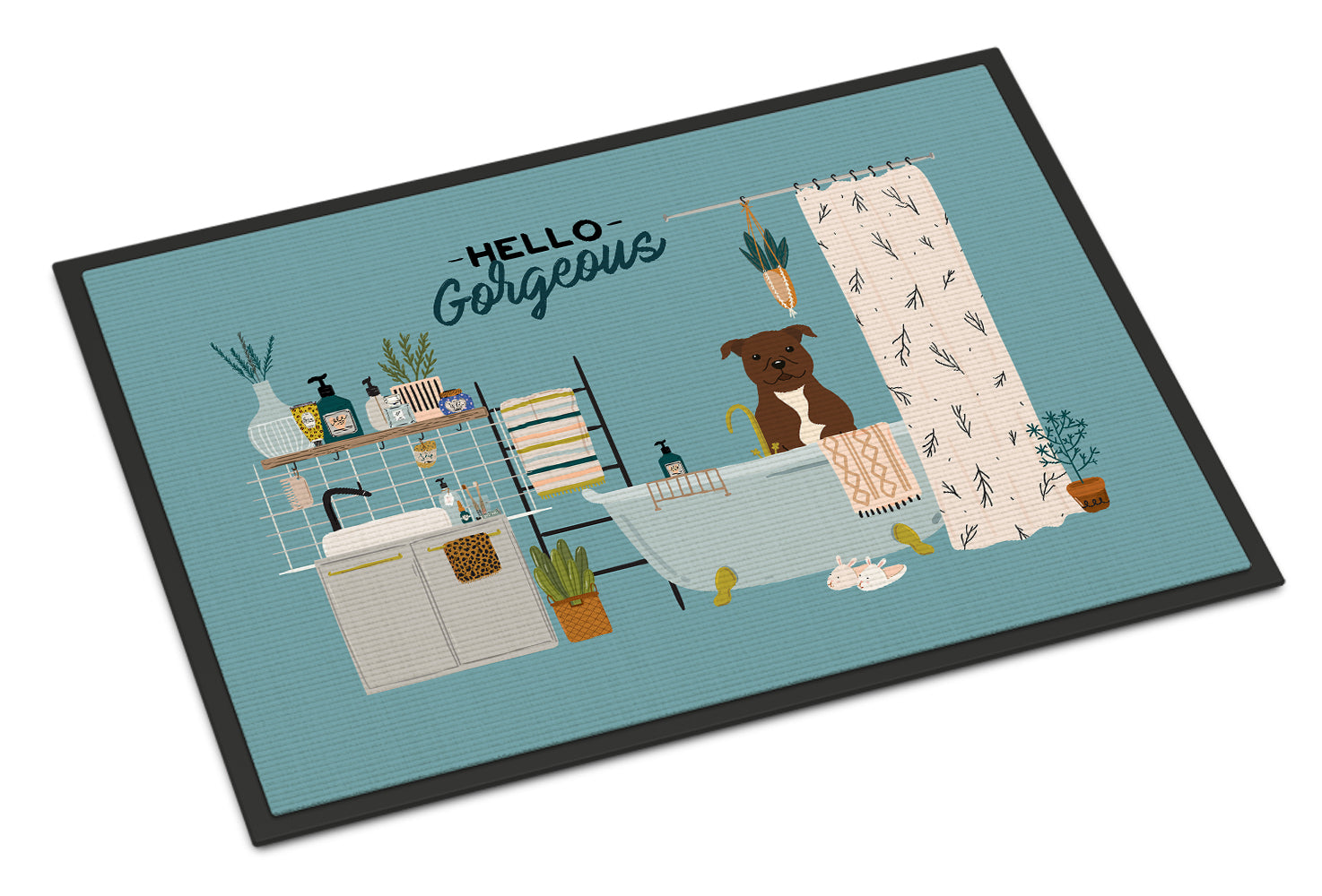 Chocolate Staffordshire Bull Terrier in Bathtub Indoor or Outdoor Mat 18x27 CK7470MAT - the-store.com