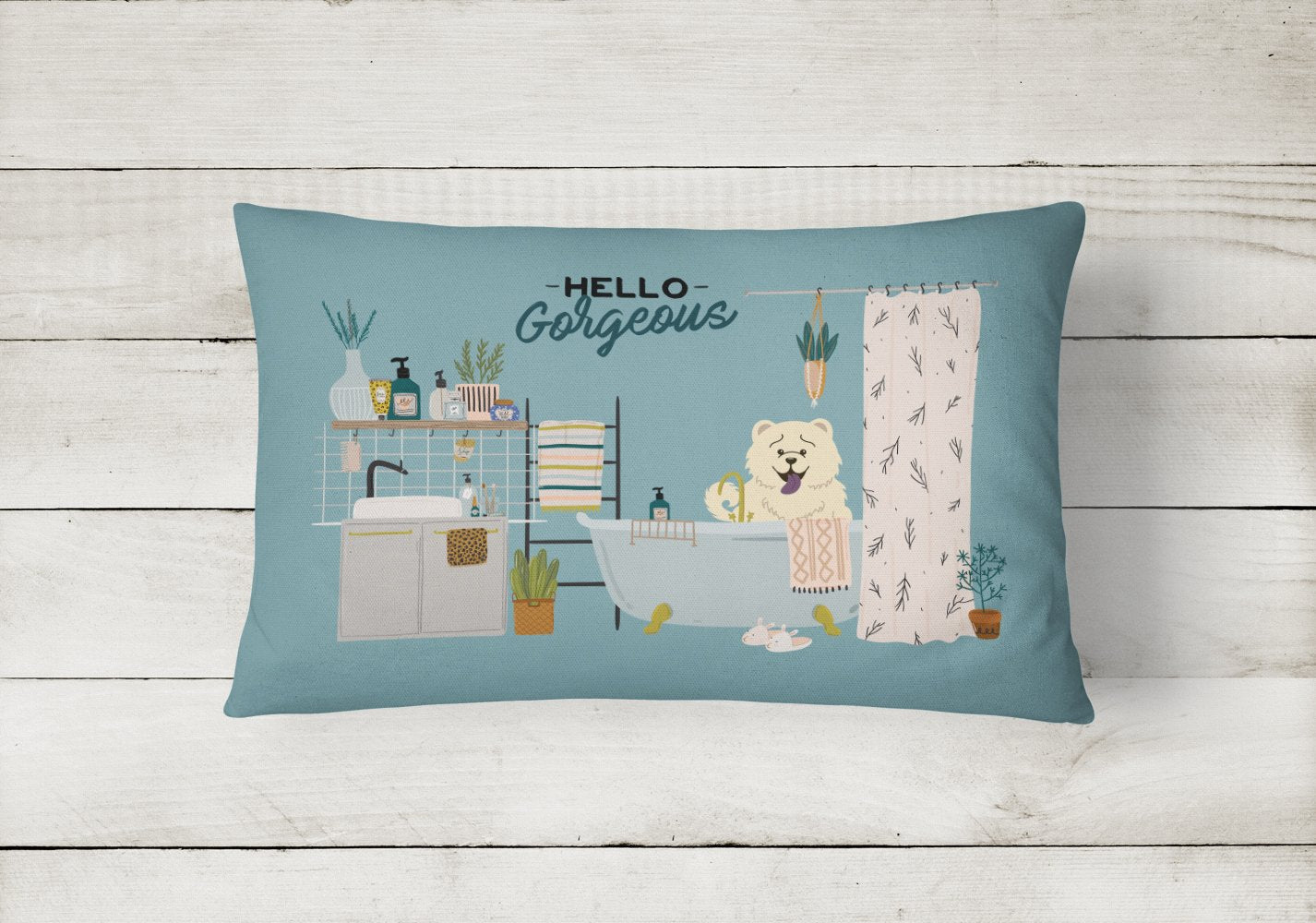 White Chow Chow in Bathtub Canvas Fabric Decorative Pillow CK7562PW1216 by Caroline's Treasures