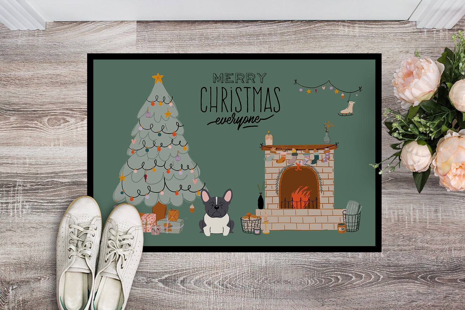 Black White French Bulldog Christmas Everyone Indoor or Outdoor Mat 18x27 CK7575MAT - the-store.com