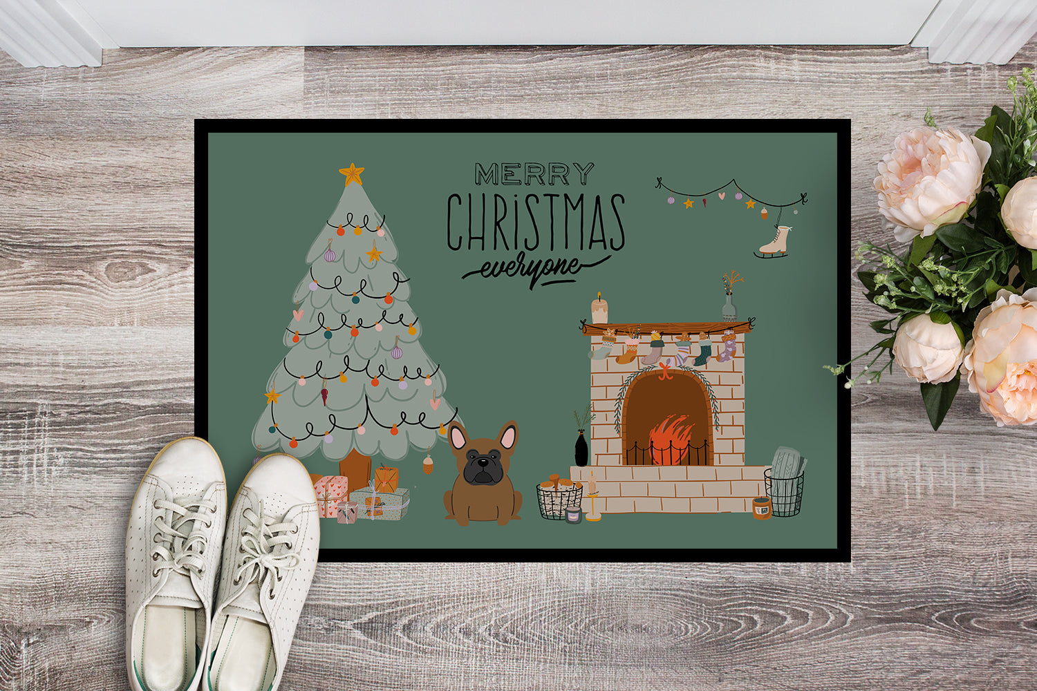 Brown French Bulldog Christmas Everyone Indoor or Outdoor Mat 18x27 CK7576MAT - the-store.com