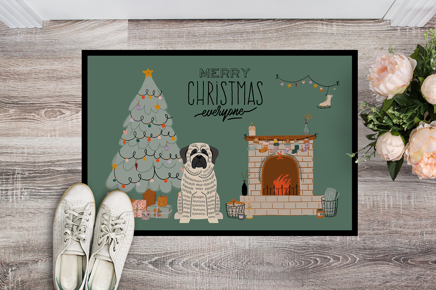 White Mastiff Brindle Christmas Everyone Indoor or Outdoor Mat 18x27 CK7579MAT - the-store.com