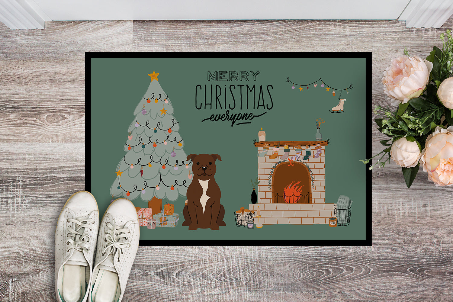 Chocolate Staffordshire Bull Terrier Christmas Everyone Indoor or Outdoor Mat 18x27 CK7611MAT - the-store.com
