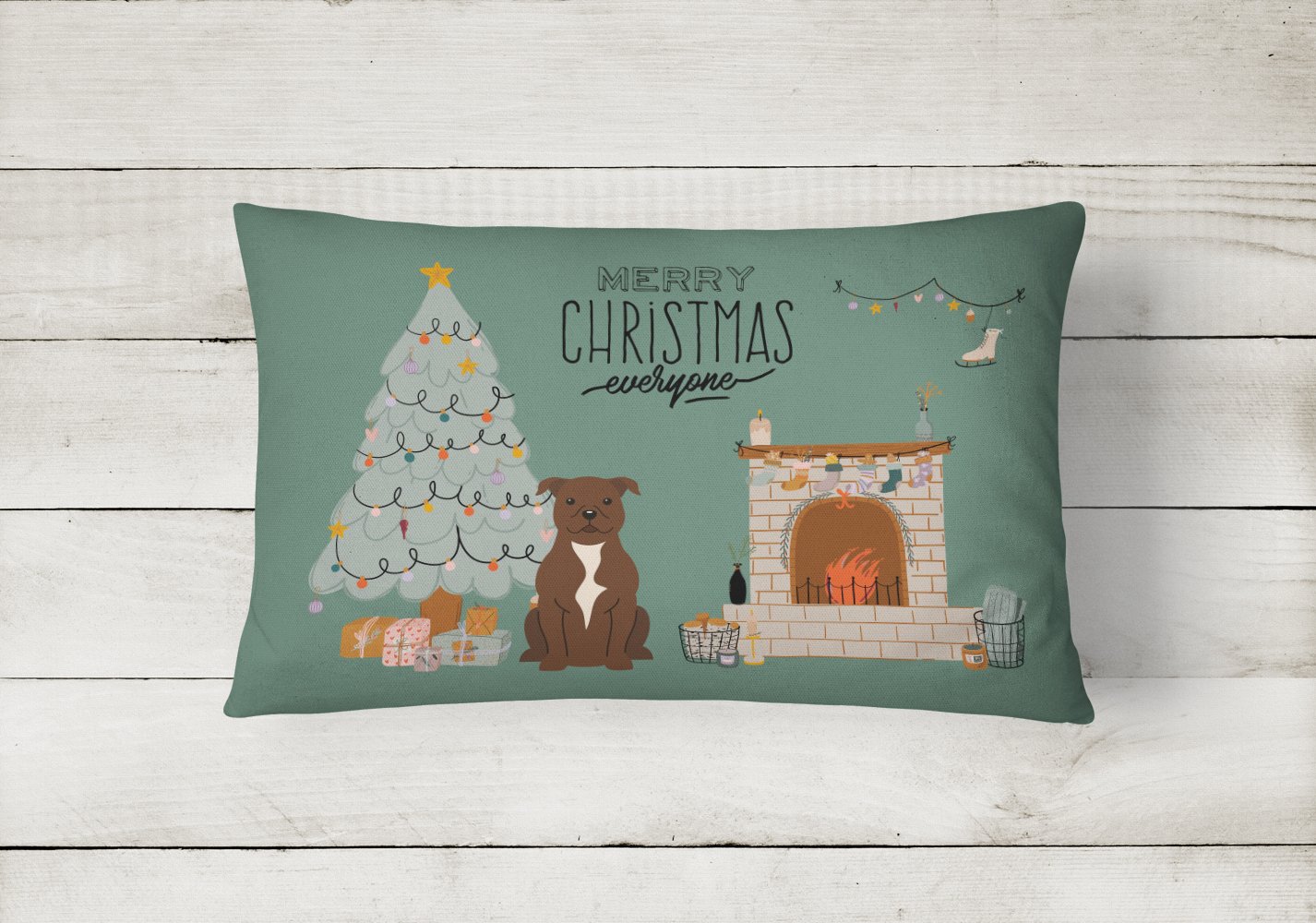 Chocolate Staffordshire Bull Terrier Christmas Everyone Canvas Fabric Decorative Pillow CK7611PW1216 by Caroline's Treasures